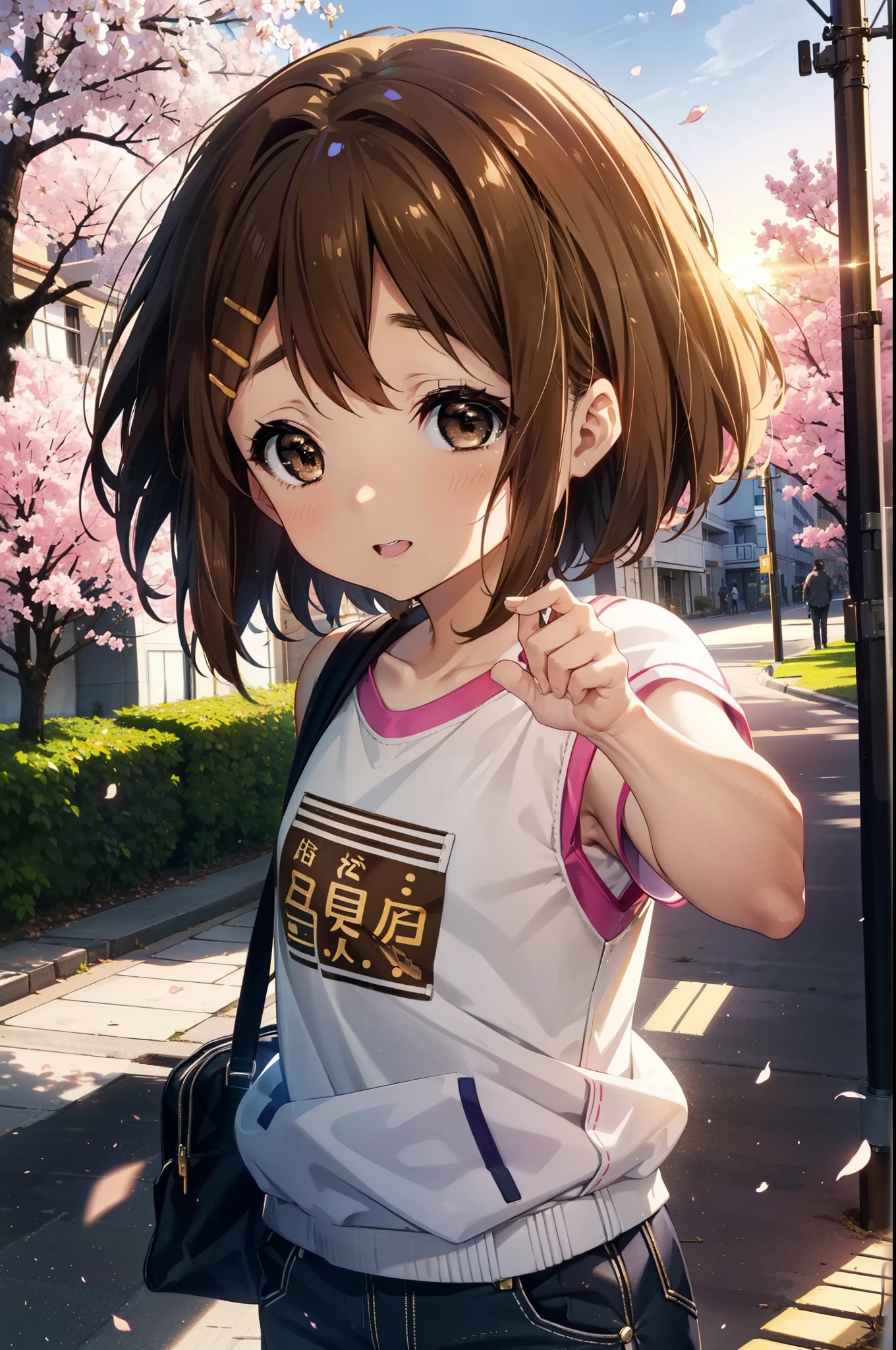 yuihirasawa, Yui Hirasawa, short hair, brown hair, hair ornaments, (Brown eyes:1.5), happy smile, smile, Open your mouth,Hair Clip,Oversized vest　The front is open,Tank top shirt,skinny pants,Stiletto heels,Cherry blossoms are blooming,Cherry blossoms are scattered,Cherry blossom tree-lined path,evening,sunset,The sun is setting,
break outdoors,School　School building,
break looking at viewer, (Cowboy Shot:1.5),
break (masterpiece:1.2), highest quality, High resolution, unity 8k wallpaper, (figure:0.8), (Beautiful fine details:1.6), Highly detailed face, Perfect lighting, Highly detailed CG, (Perfect hands, Perfect Anatomy),