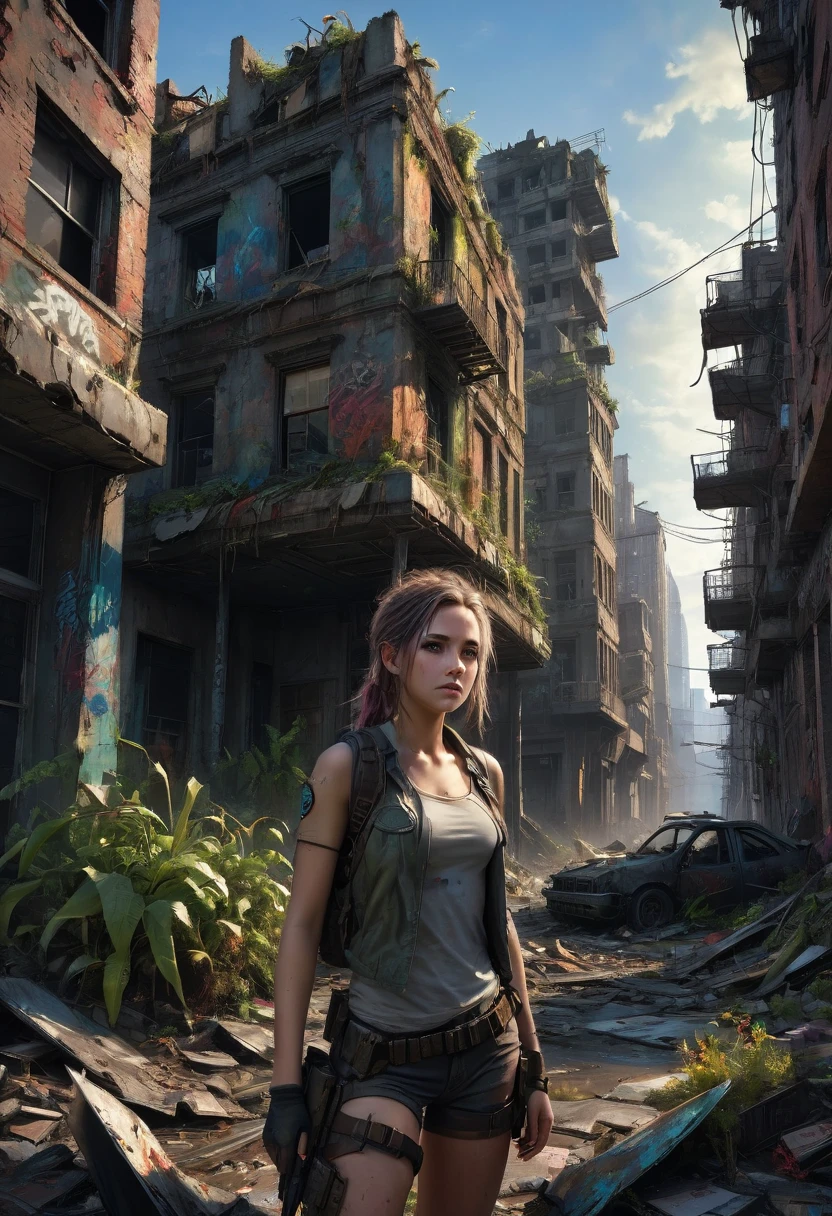 1girl, Post-Apocalyptic Wasteland, Craft a photorealistic, darkly-colored post-apocalyptic depiction featuring a nature-reclaimed city, deteriorated buildings, and a ragged but resistant survivor amongst the ruins. With twilight-esque lighting and additional details like debris, graffiti, or mutated plants, present a sense of time's progression. The concept art style should heighten depth, creativity, and emotional connection, emphasizing desolation and survival.