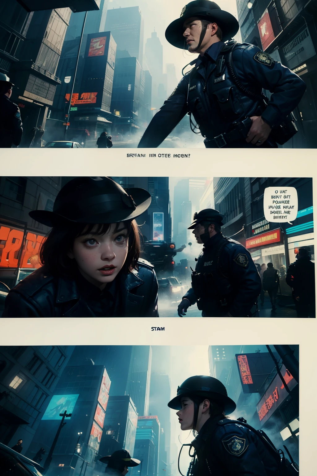((highest quality)), ((masterpiece)), (be familiar with), (High definition), (Accurate), (Realistic), (Cinematic), (Best Shadow), (Low contrast), (8K), Perfect Face, ((SYD MEAD style)), manga、mangaデザイン、Storyboard、Frame division、(Two police officers from the Metropolitan Police Department)、((A middle-aged inspector and a young constable))、((Police are searching for a woman:1.2))、The young police officer is disgusted.、congestion, congestion, Decadent Future City, NEO TOKYO, A.D.2051, (steam:1.2), It's raining white, evening,