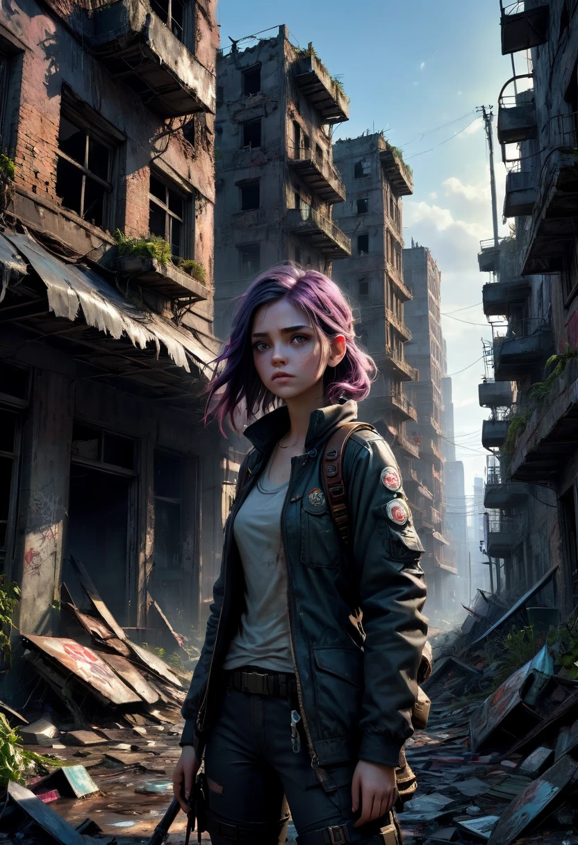1girl, Post-Apocalyptic Wasteland, Craft a photorealistic, darkly-colored post-apocalyptic depiction featuring a nature-reclaimed city, deteriorated buildings, and a ragged but resistant survivor amongst the ruins. With twilight-esque lighting and additional details like debris, graffiti, or mutated plants, present a sense of time's progression. The concept art style should heighten depth, creativity, and emotional connection, emphasizing desolation and survival.