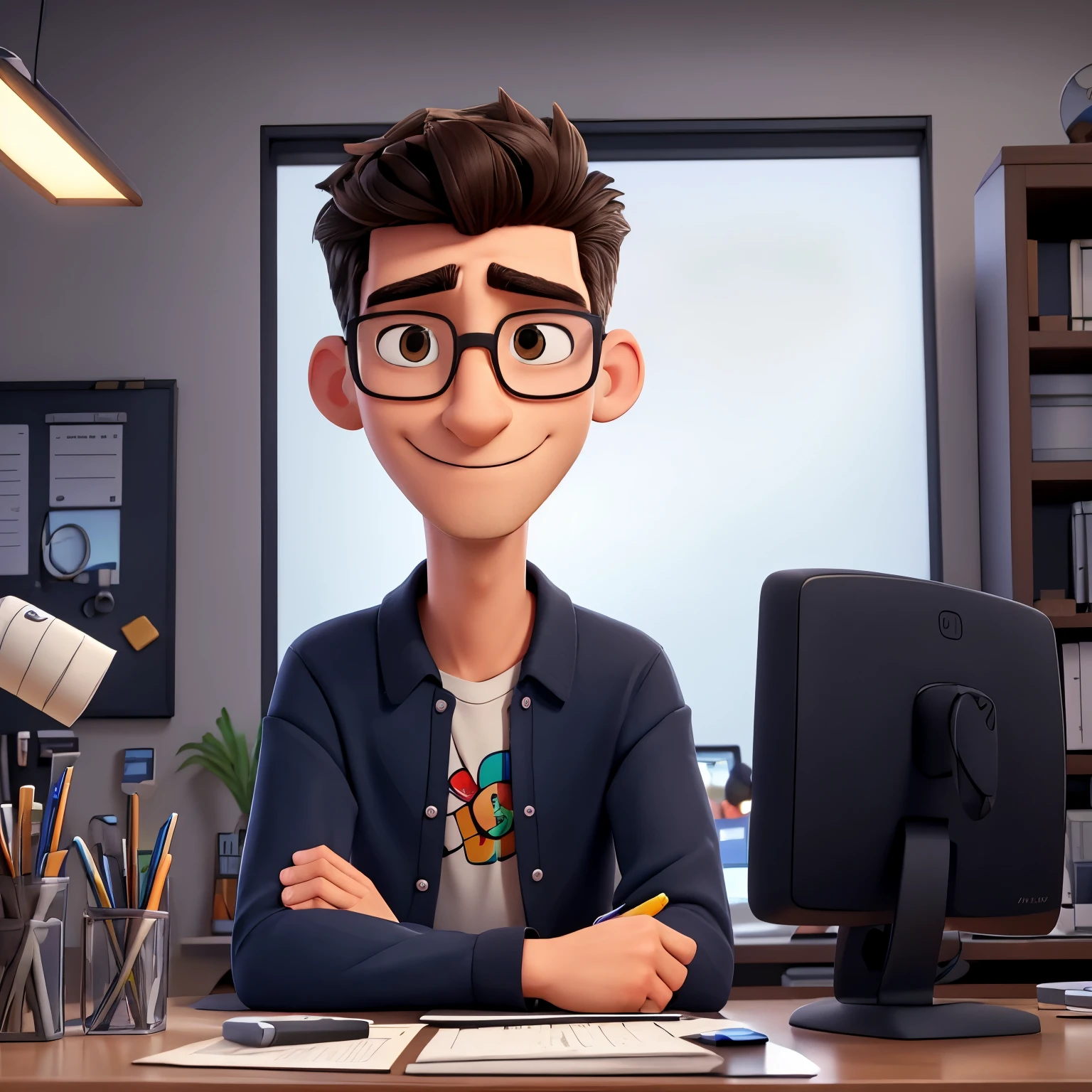 Male, normal, long thin face, nose. black, straight, combed front hair, short hair. black eyes. slightly thick eyebrows. transparent, square, glasses. classic watch on his wrist. With a very happy smile, dark blue jeans, long sleeve black striped sweatshirt, red open front jacket. with office picture background. In front of the office desk, notebooks and pens next to it. There is cologne and etc. Computer with 2 monitors in front. He is drinking water in his hand. The one with the butterfly on his shoulder. SEO, software specialist