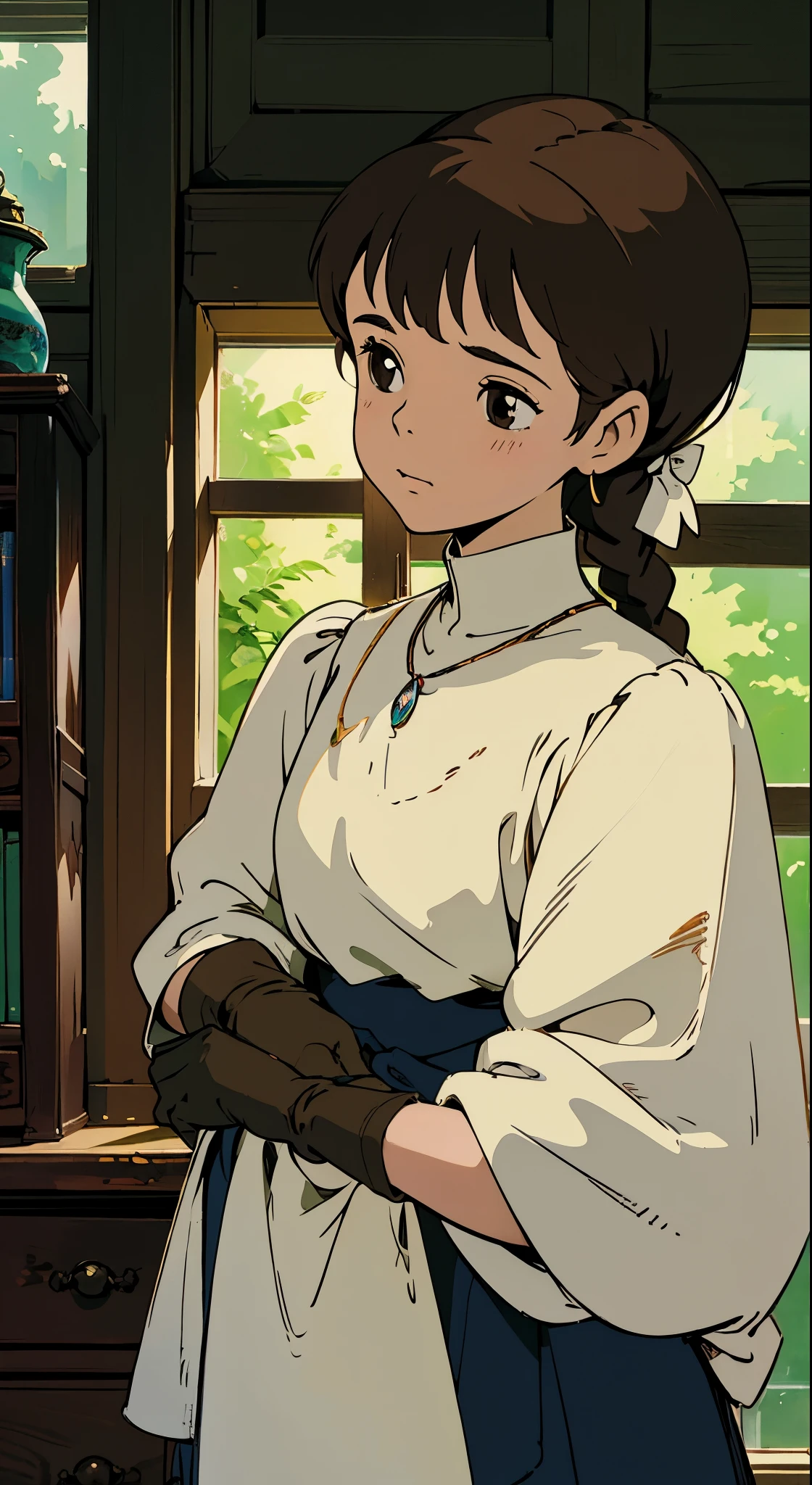 Amidst the cozy indoors of her quaint living space, a slender girl with stout features named Reisalin stood by the bookshelf near the window. Her upper body was adorned with a simple white blouse, casually tucked into her brown short-shorts. Her brown hair, styled in braids and held in place by a hairclip, cascaded down her shoulders. Leaning against the window frame, she gazed out at the serene scenery, her brown eyes reflecting the peacefulness of the scene.
On her ears, she wore delicate earrings, and around her neck, a beautiful necklace twinkled in the sunlight. Brown gloves covered her