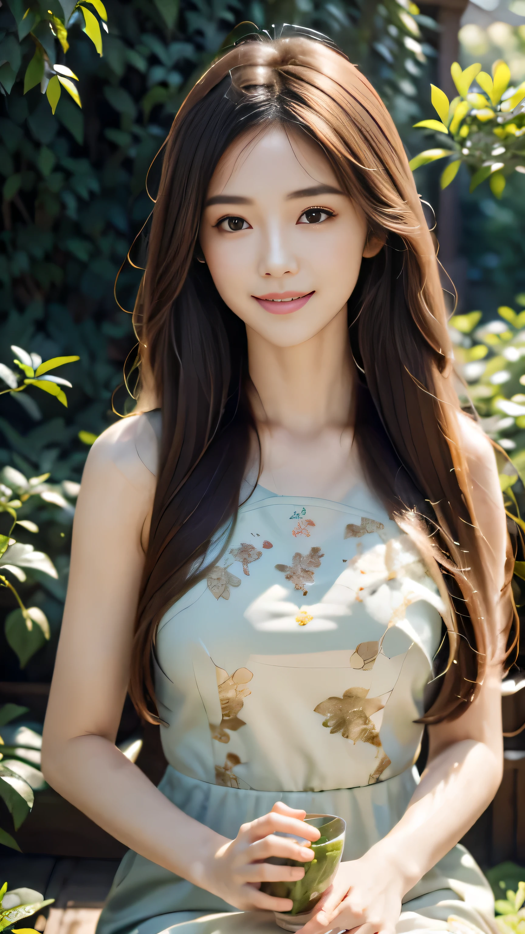 (best quality,4K,high resolution,masterpiece:1.2),Super detailed,(Practical:1.37),beautiful girl,Tea picking, Cute face, Half-length photo, Hydrated skin tone,Bright Eyes,Flowing hair,slender hands,Natural style dress,Sunlight through the leaves,Floral scent,Peaceful atmosphere,breeze,Tea leaves rustle,A calm smile,Peaceful environment,Lush green tea bushes,Delicate tea picking technique。