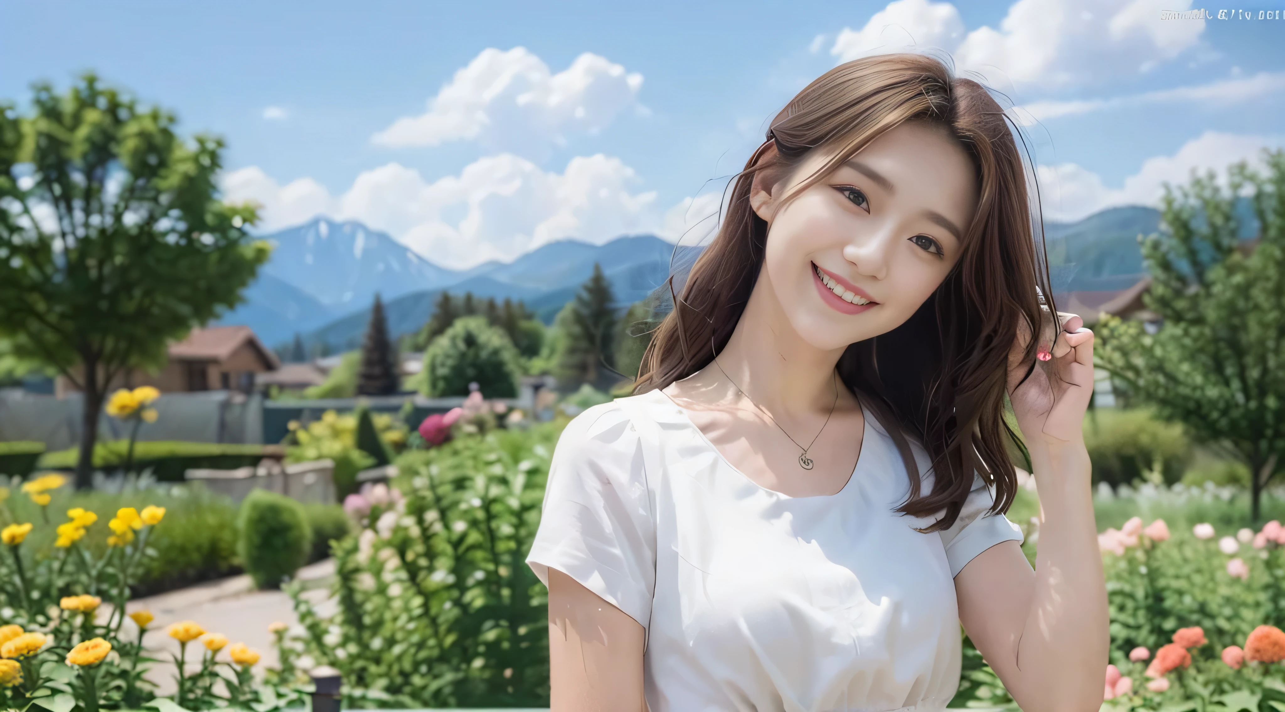 1 Girl、Dynamic Angle、Clouds and mountains、(garden:1.4)prospect、White Dress、Light Tracing、(Floating colorful wind:1)(Realistic:1.4)、Official Art、unity 8k wallpaper、Super detailed、Beautiful and beautiful、masterpiece、highest quality、Anatomically correct,Glowing Skin、Cinema lighting、A light smile、necklace、Japanese women、whole body、Beautiful Face、Normal finger