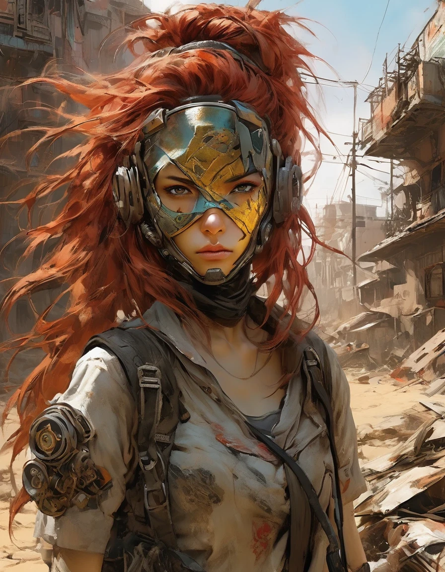 UHD, masterpiece, textured skin, high details, high quality, award winning, best quality, highres, 16k， 
in style of Alice Pasquini，Post-apocalyptic wasteland，（A very beautiful and powerful heroine in the doomsday world），Mecha Clothing，Extra long red hair，Beautiful Asian face，, mechanical, Glass mask passes light through, Delicate skin texture, Determined gaze，It&#39;s the scorching sun and strong wind，Yellow sand rolling，The broken eaves and broken walls are everywhere, and the scene is desolate.。In a post-apocalyptic environment，Regardless of appearance or practicality，Everything is for survival，Exaggeration in appearance，Can make enemies feel fear。Many items are basically worn out.，Rust，The form of splicing，Add splash graffiti to create the environment of a wasteland world。Elements such as neon lights will often appear in Post-apocalyptic wasteland。The most important point is that the wasteland world is a world after the collapse of technological civilization.，Productivity setbacks，Material resources are extremely scarce，