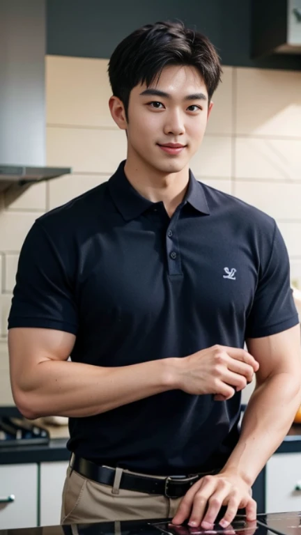 1 man, smile, (Wear a navy polo shirt.: 1.3), round neck, short sleeve shirt), Camouflage pants ,, Korean guy , korean men, (High gloss details), chest muscles, Big arm muscles, blood vessel, big muscles, Broad shoulders, looking at the audience, Balancing the eyes, (Make eye contact),(in the kitchen: 1.4)