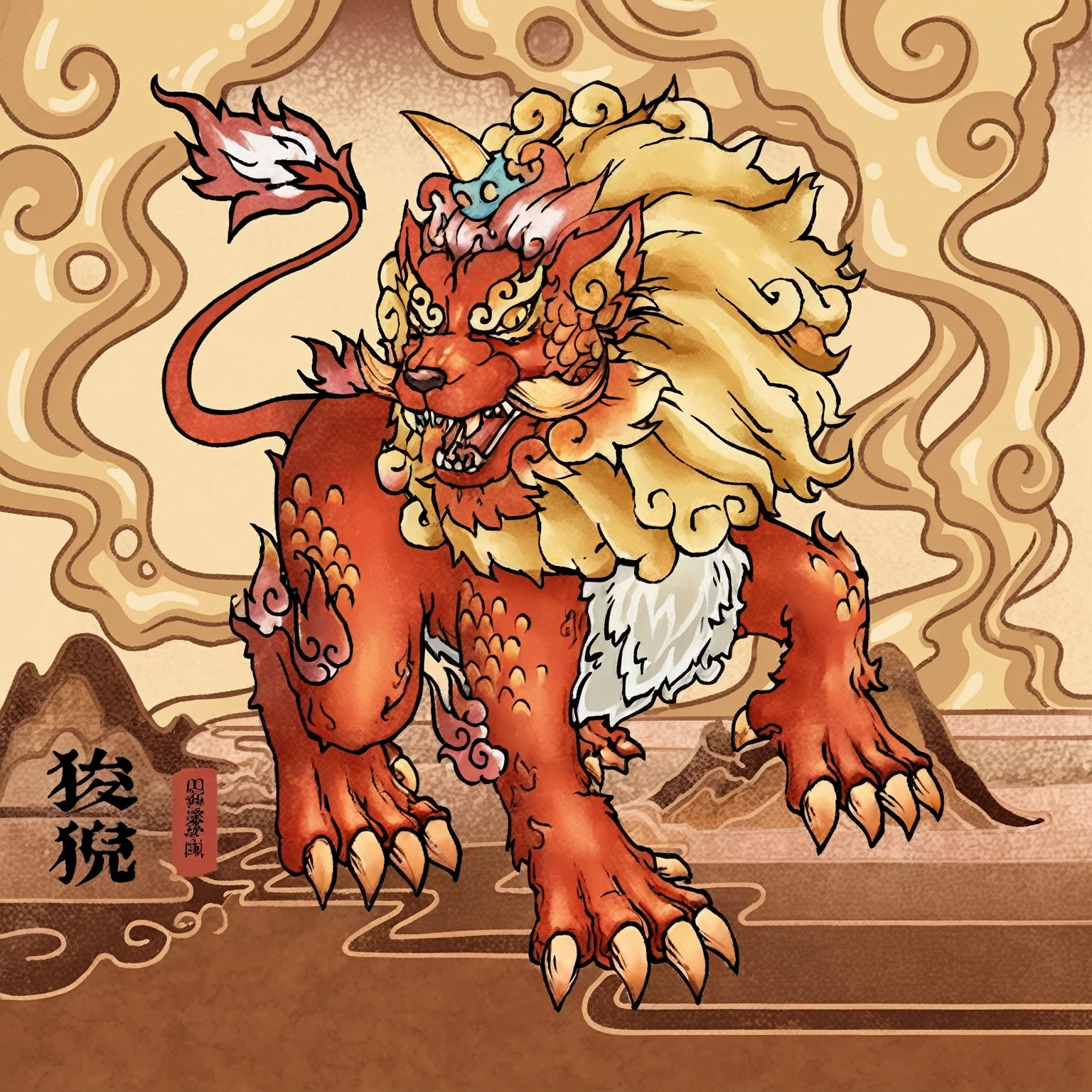 There is a painting，The painting shows a red dragon with golden mane, akira from Chinese Mythology, Fire Lion, Ashura，源自Chinese Mythology, Full-color digital illustrations, Inspired by Tawaraya Sotatsu, Majestic Japanese dragon, Full color illustrations, shrike, , Chinese Mythology, Inspired by Ryūkōsai Jokei