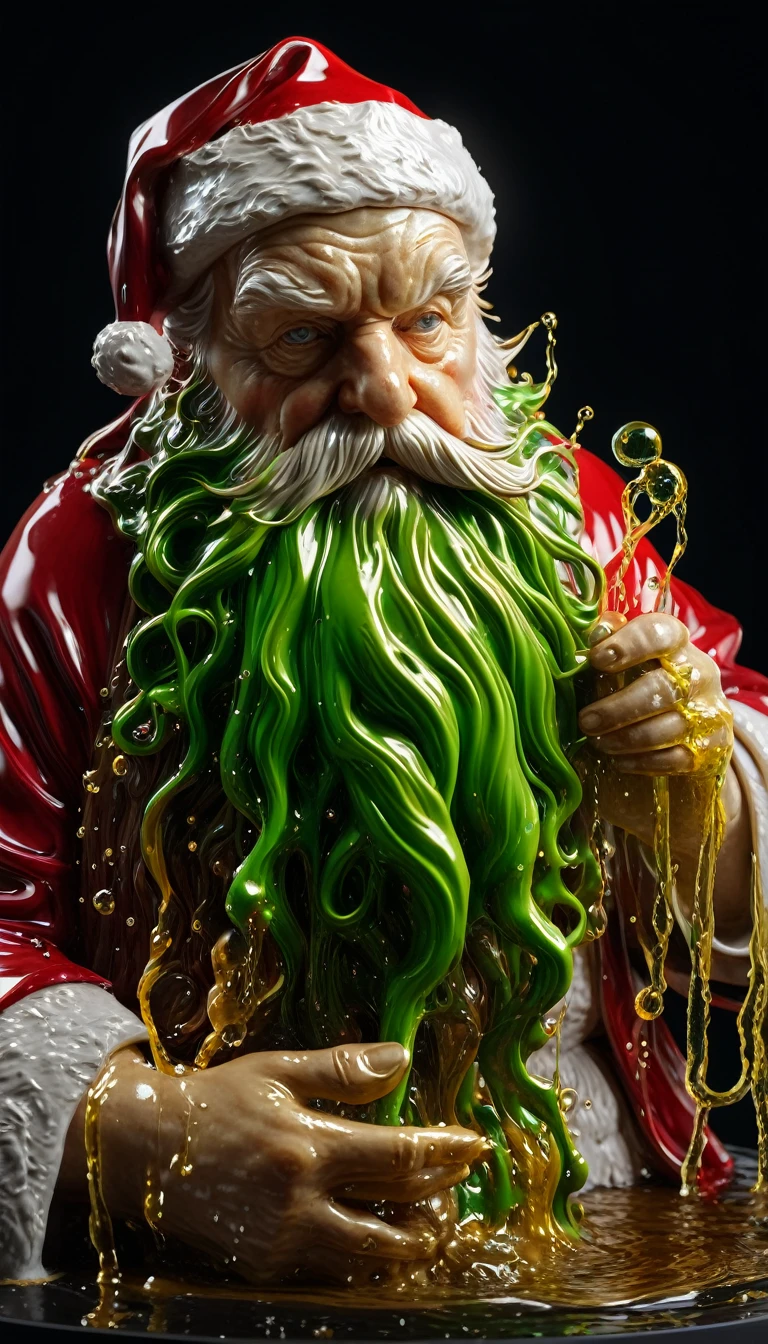 8k hyperrealistic sculpture (Melting Santa Claus) (Cthulhu:0.9) author:Alberto Seveso Nicos Beatrix Potter, Wet and ultra-glossy polycarbonate, Very detailed, Energetic, Intricate and accurate details, Movie color grading, Movie, Art Station, Golden Ratio, Volumetric Lighting, Film Grain, Fujifilm Neopan 100, low shutter