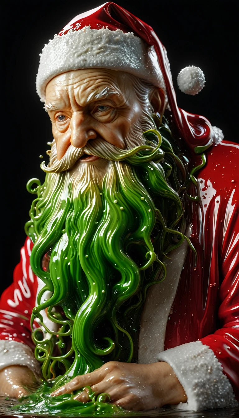 8k hyperrealistic sculpture (Melting Santa Claus) (Cthulhu:0.9) author：Alberto Seveso Nicos Beatrix Potter, Wet and ultra-glossy polycarbonate, Very detailed, Energetic, Intricate and accurate details, Movie color grading, Movie, Art Station, Golden Ratio, Volumetric Lighting, Film Grain, Fujifilm Neopan 100, low shutter
