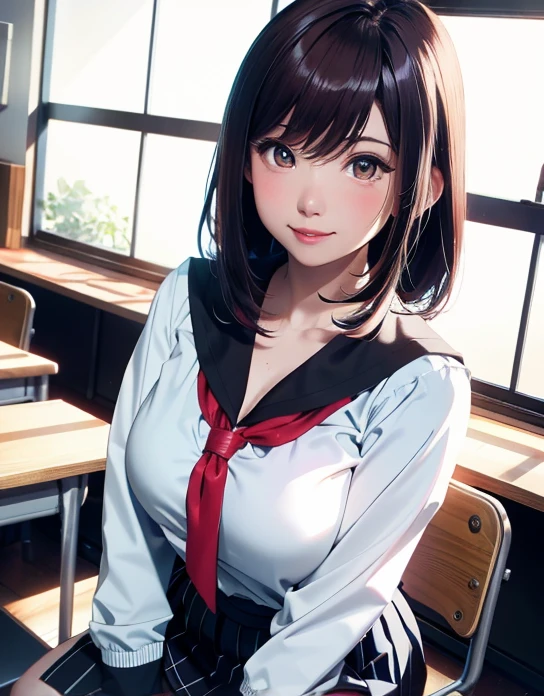 （（8k，RAW Photos，Top Quality，masterpiece），HD RAW Color Photos，（Realistic，Realistic：1.37），（highest quality），（Best Shadow），（Best Illustration），clavicle（（big）），（（，Raised to be sexy，Ultra-high resolution，High quality CG Unity 8K wallpaper，Physically Based Rendering，Cinema Lighting），（Charming monkey：1），18-year-old girl，（Fitted white blouse，Thick black knee-length sockini Pleated Skirt：1.2），High school classroom， Beautiful and fine details，Light on the face，（（full body shot：1.2）），Especially bright light，Glossy Skin，（（（Brunette color hair，bob hair：1.2））），（Thick tight），Ulzzang-6500-v1.1：0.2，I&#39;m shy，（Flashlight：1.2），Browsing Caution，（Plump nipples），（（seductive pose：1.2，Captivating big boobs：1.2）），（Idol），（sit at a desk in the classroom：1.2）），（（Excellent anatomy：1.2）），（（Bright and refreshing classrooms，The background is blurred： 1.2）），Perfect face，Cute face，（High angle shot：1.2）