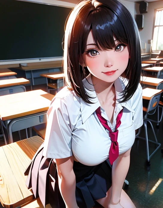((8k,RAW Photos,Top Quality,masterpiece),HD RAW Color Photos,(Realistic,Realistic:1.37),(highest quality),(Best Shadow),(Best Illustration),clavicle((big)),((,Raised to be sexy,Ultra-high resolution,High quality CG Unity 8K wallpaper,Physically Based Rendering,Cinema Lighting),(Charming monkey:1),18-year-old girl,(Fitted white blouse,Thick black knee-length sockini Pleated Skirt:1.2),High school classroom, Beautiful and fine details,Light on the face,((full body shot:1.2)),Especially bright light,Glossy Skin,(((Brunette color hair,bob hair:1.2))),(Thick tight),Ulzzang-6500-v1.1:0.2,I'm shy,(Flashlight:1.2),Browsing Caution,(Plump nipples),((seductive pose:1.2,Captivating big boobs:1.2)),(Idol),(sit at a desk in the classroom:1.2)),((Excellent anatomy:1.2)),((Bright and refreshing classrooms,The background is blurred: 1.2)),Perfect face,Cute face,(High angle shot:1.2)