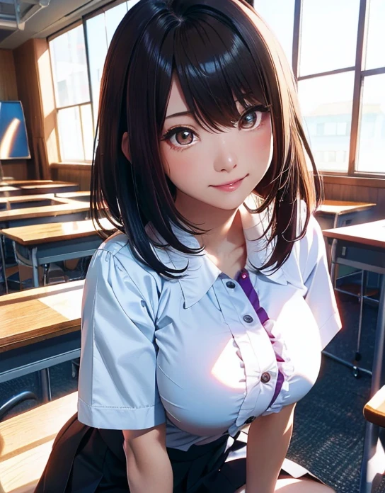 ((8k,RAW Photos,Top Quality,masterpiece),HD RAW Color Photos,(Realistic,Realistic:1.37),(highest quality),(Best Shadow),(Best Illustration),clavicle((big)),((,Raised to be sexy,Ultra-high resolution,High quality CG Unity 8K wallpaper,Physically Based Rendering,Cinema Lighting),(Charming monkey:1),18-year-old girl,(Fitted white blouse,Thick black knee-length sockini Pleated Skirt:1.2),High school classroom, Beautiful and fine details,Light on the face,((full body shot:1.2)),Especially bright light,Glossy Skin,(((Brunette color hair,bob hair:1.2))),(Thick tight),Ulzzang-6500-v1.1:0.2,I'm shy,(Flashlight:1.2),Browsing Caution,(Plump nipples),((seductive pose:1.2,Captivating big boobs:1.2)),(Idol),(sit at a desk in the classroom:1.2)),((Excellent anatomy:1.2)),((Bright and refreshing classrooms,The background is blurred: 1.2)),Perfect face,Cute face,(High angle shot:1.2)