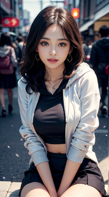 ((8K)),Film photography, BUSTY INDIAN 1 girl, (Hoodie:1.2), (short skirt), upper legs, navel,necklace, Earrings, Seductive smile, BIG breast, full bodyesbian, drunk blush:1.5, black wavy shoulder-length hair, serene, calm, (Realistic detailed eyes, Natural skin texture, Realistic face details), Soft dramatic lighting, Depth of field, Bokeh, vibrant detail, finely detailed, Hyperrealistic,20yr old, ((skirt lift by yourself)), (Skirt lift), (Panties , panty focus), Blush, parted lip, view the viewer ,(Clear eyes,Clear nose,Clear lips,Fair skin),Semi-body shot , Wear a hooded jacket ,(Tokyo streets ,Falling snow),