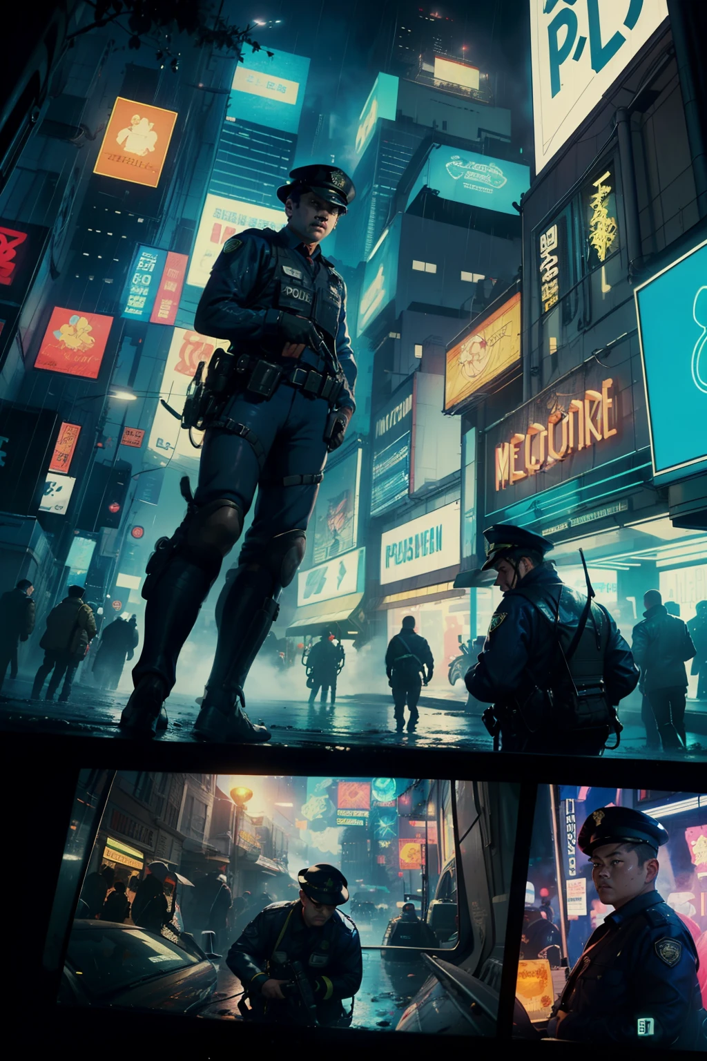 ((highest quality)), ((masterpiece)), (be familiar with), (High definition), (Accurate), (Realistic), (Cinematic), (Best Shadow), (Low contrast), (8K), Perfect Face, ((SYD MEAD style)), manga、mangaデザイン、Storyboard、Frame division、(Two police officers from the Metropolitan Police Department)、((A middle-aged inspector and a young constable))、((Police are searching for a woman:1.2))、The young police officer is disgusted.、(Glittering neon signs)、congestion, congestion, Decadent Future City, NEO TOKYO, A.D.2051, (steam:1.2), It's raining white, evening, 
