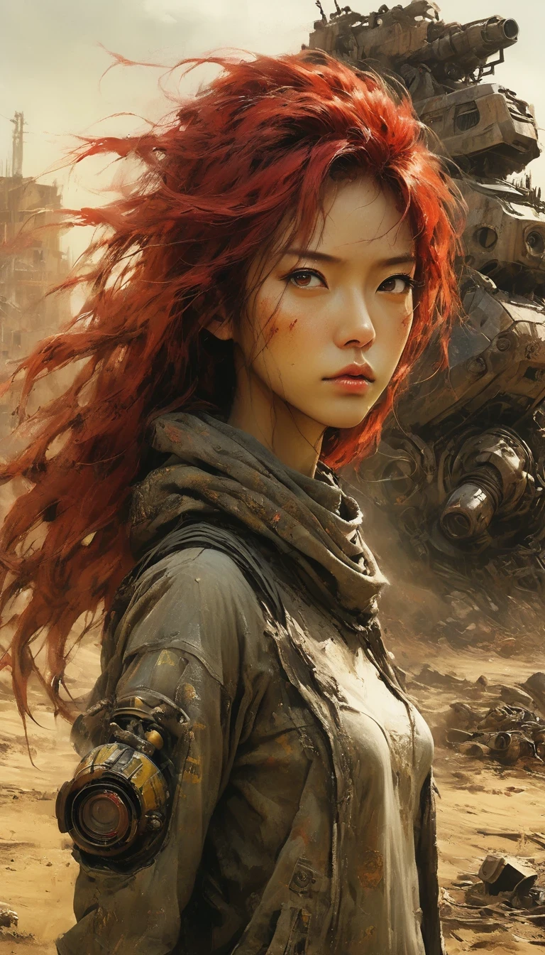 UHD, masterpiece, textured skin, high details, high quality, award winning, best quality, highres, 16k, Science fiction film,full of fantasyfantastical ideas,by van gogh,Big roundspaceship,Doomsday, wasteland style,hd,8k
in style of Alice Pasquini,Post-apocalyptic wasteland,(A very beautiful and powerful heroine in the doomsday world with a gun),Mecha Clothing,Extra long red hair,Beautiful Asian face,, mechanical, Glass mask passes light through, Delicate skin texture, Determined gaze,It's the scorching sun and strong wind,Yellow sand rolling,The broken eaves and broken walls are everywhere, and the scene is desolate.。In a post-apocalyptic environment,Regardless of appearance or practicality,Everything is for survival,Exaggeration in appearance,Can make enemies feel fear。Many items are basically worn out.,Rust,The form of splicing,Add splash graffiti to create the environment of a wasteland world。Elements such as neon lights will often appear in Post-apocalyptic wasteland。The most important point is that the wasteland world is a world after the collapse of technological civilization.,Productivity setbacks,Material resources are extremely scarce,