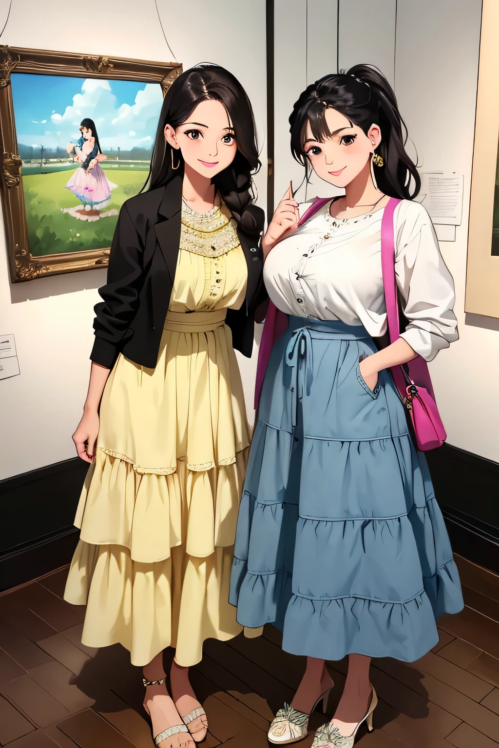 (highest quality:1.4)、(High resolution)、Detailed Background、(Beautiful face in every detail:1.4)、Anatomically correct、(Draw the usual number of fingers:1.2)、(Detailed facial expressions)、Beautiful, smooth skin、Girl in her twenties、(Huge breasts:1.2)、cute hair color、brown hair、Black Hair、ponytail、braided bob、Braided long hair、Realistic、Perfect body line、Calm atmosphere、Museum Dating、(Highly detailed face:1.2)、Cute gestures、Show the upper body、Looking at me with a big smile、
(Two beautiful girls having a good time admiring art pieces in a museum:1.5)、
Show off your cute fashion with the museum's beautiful architecture and exhibits as a backdrop、
Take photos inside the museum and in the beautiful gardens、
Try to choose a pose and expression that harmonizes with the beautiful colors and design of the museum.、
Creates a feminine atmosphere、
Choose a pleated skirt or an A-line skirt to add a touch of glamour.、
Sandals and pumps make your feet look beautiful.、
Choose a maxi dress with a bohemian vibe and enjoy free style.、
Pair it with sandals or espadrilles for a relaxed look.、
We also recommend trying a layered style with a cardigan or denim jacket.、
Choose a blouse or dress with a retro print to bring out a classic charm.、
Incorporate retro silhouettes such as flared skirts and wide pants.、
Wear with loafers or heels for a more retro look.、cute