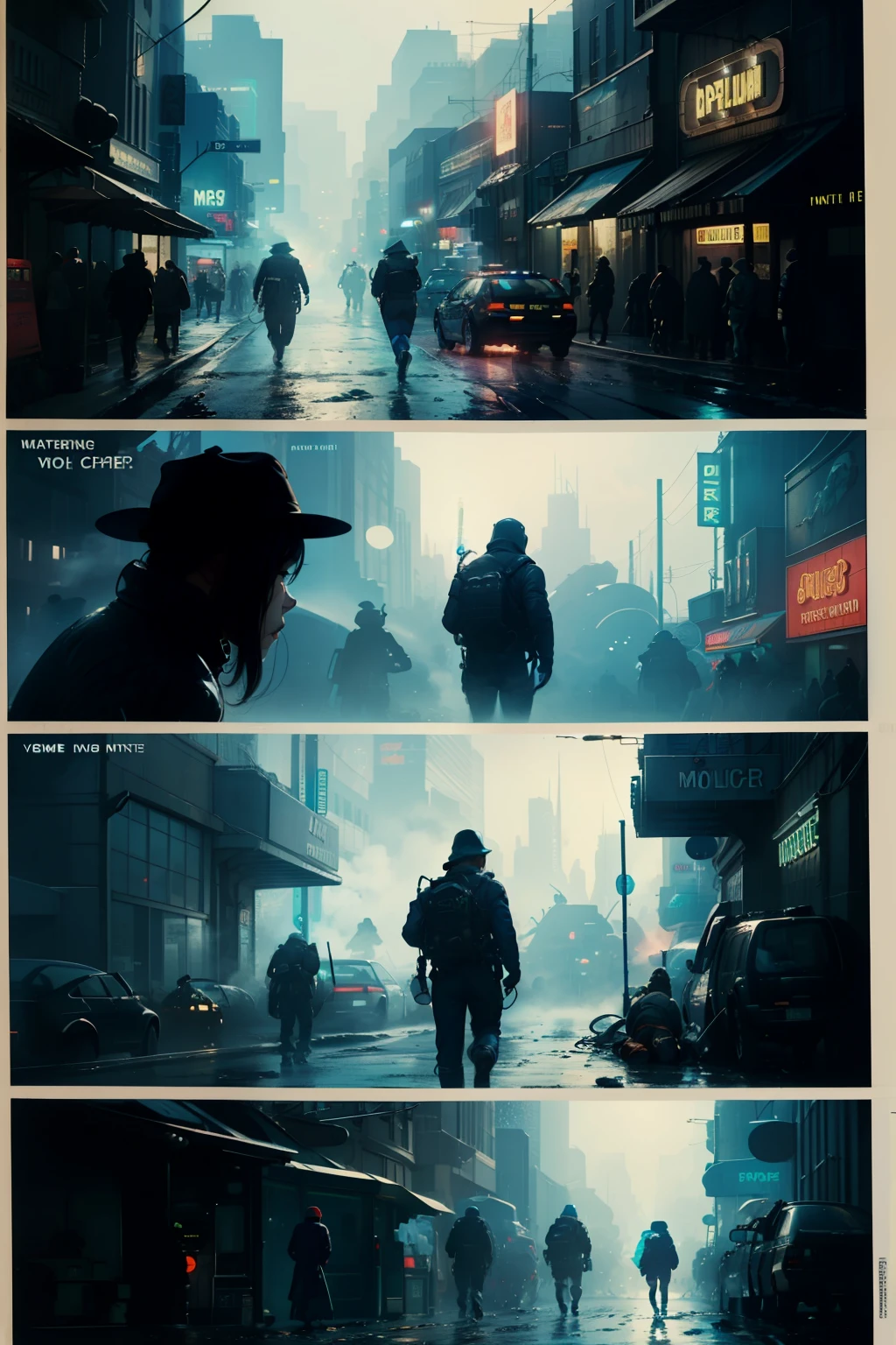 ((highest quality)), ((masterpiece)), (be familiar with), (High definition), (Accurate), (Realistic), (Cinematic), (Best Shadow), (Low contrast), (8K), Perfect Face, ((SYD MEAD style)), manga、mangaデザイン、Storyboard、Frame division、(Two police officers from the Metropolitan Police Department)、((A middle-aged inspector and a young constable))、((Police are searching for a woman:1.2))、The young police officer is disgusted.、(Glittering neon signs)、congestion, congestion, Decadent Future City, NEO TOKYO, A.D.2051, (steam:1.2), It's raining white, evening,