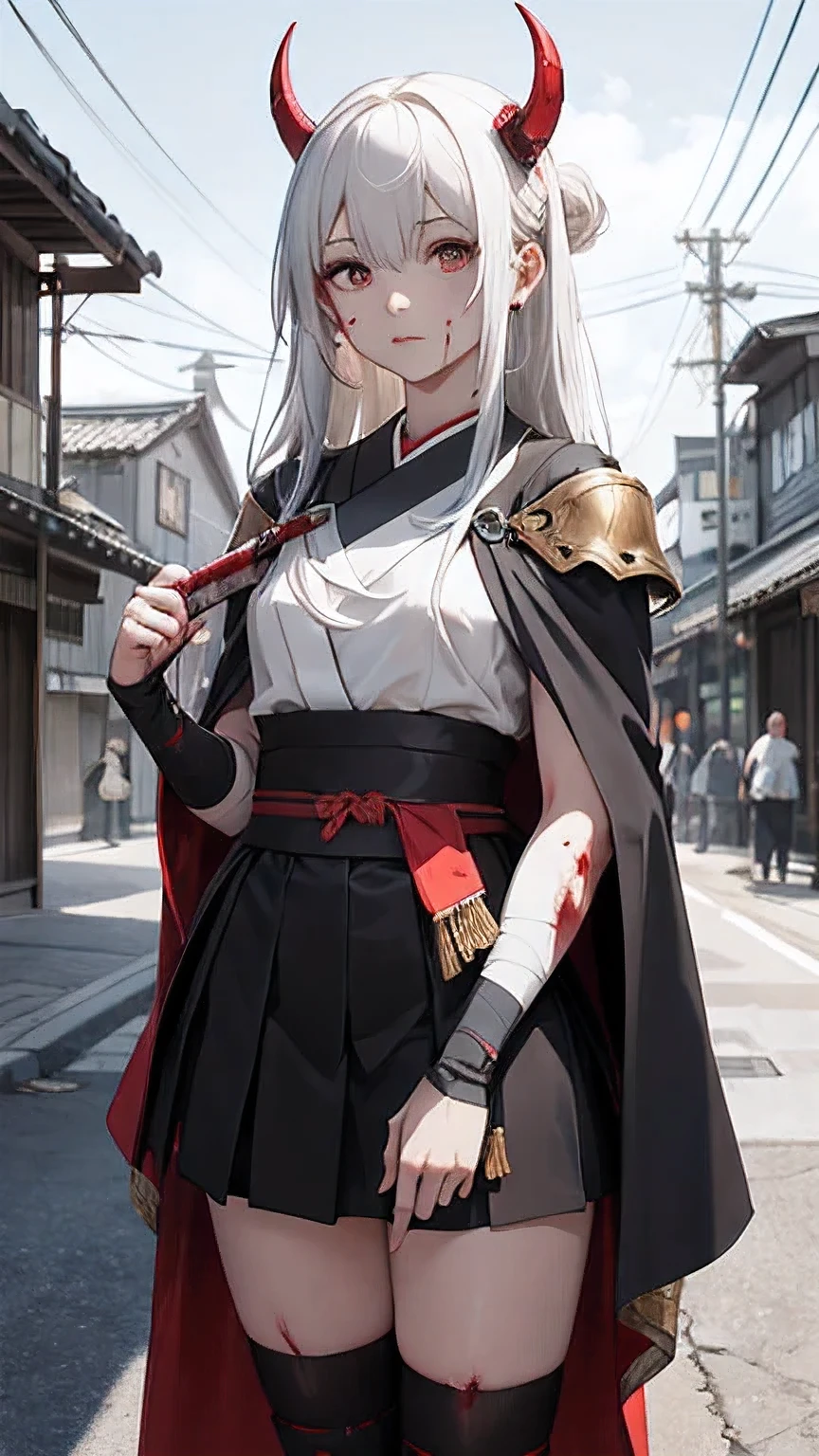 ((best quality)), ((masterpiece)),perfect face,
1 girl half demon half human
white long hair coming down over shoulders
pale skin
covered in blood
Japanese themed armor in black and white colours plated skirt
legs and arms without protection
Cape over shoulders covering arms
katana in her holdster on right side
in her hands she don't hold anything
bandage on her knees
covered in blood
clear blue sky over a small ancient Japanese town
standing in blood running trough streets