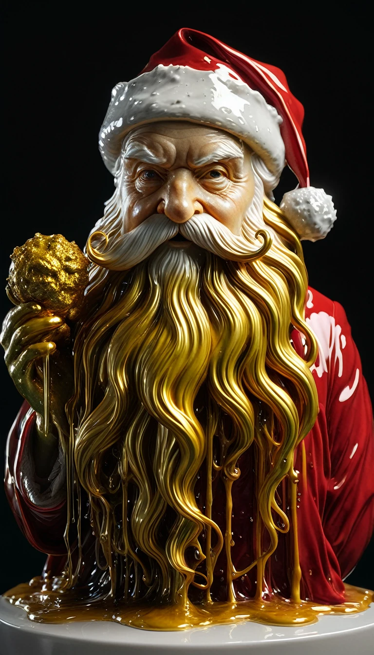 8k hyperrealistic sculpture (Melting Santa Claus) (Cthulhu:0.9) author:Alberto Seveso Nicos Beatrix Potter, Wet and ultra-glossy polycarbonate, Very detailed, Energetic, Intricate and accurate details, Movie color grading, Movie, Art Station, Golden Ratio, Volumetric Lighting, Film Grain, Fujifilm Neopan 100, low shutter