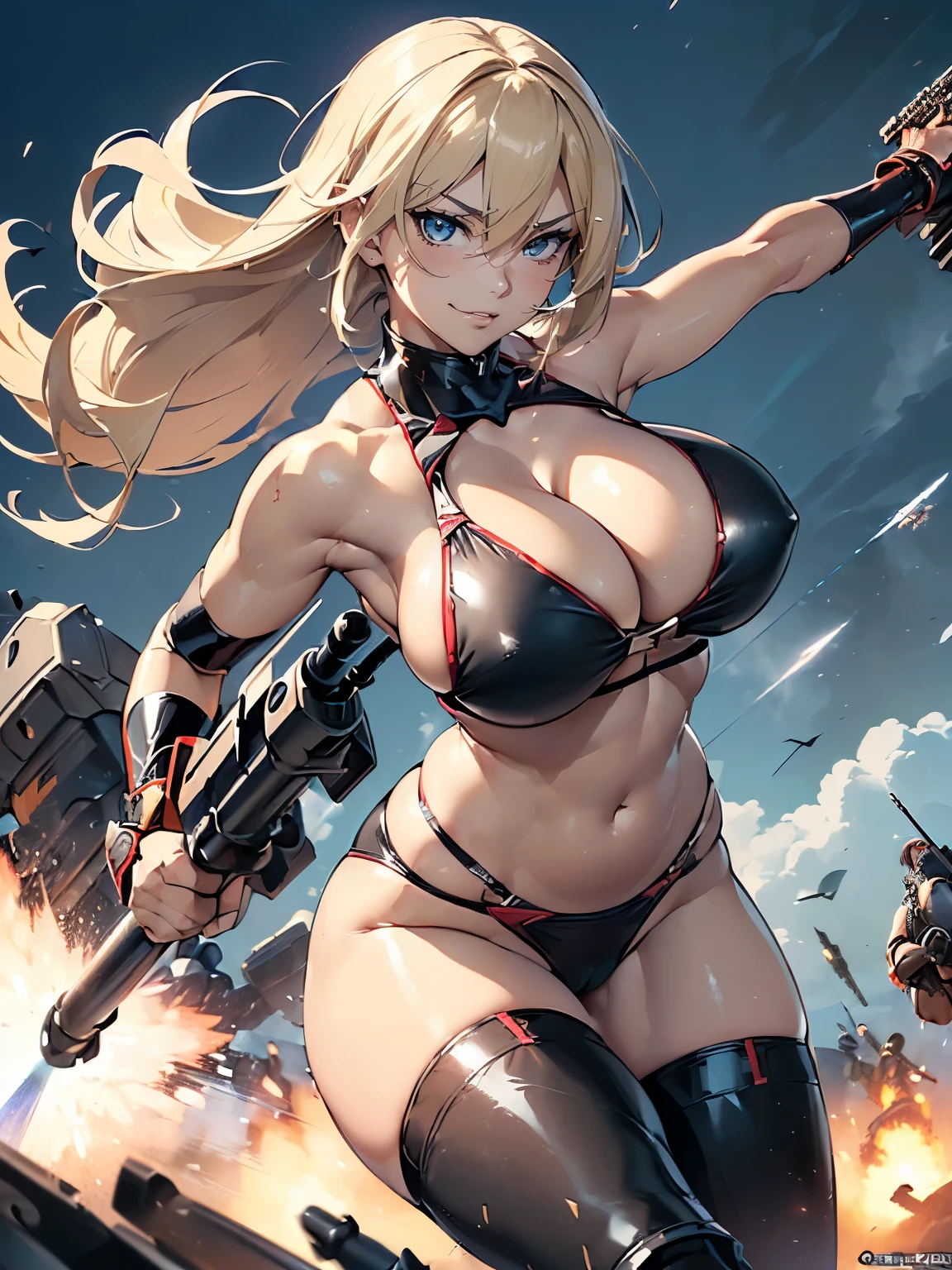 ((1 lady))、ultra-detailliert, Top image quality, digitial illustration, Seductive Anime Girl, Glossy realistic skin texture、Meticulously drawn hair, Meticulously drawn eye, Sharp Focus, Precise human body structure、Smooth texture、((Combative posing:1.5)), ((fighting stance))、((Holding a big Heavy artillery:1.6, armament:1.3))、((bazooka and gatling gun and rocket launcher))、((dynamism:1.3))、((dynamic angle:1.2))、((Hover effect:1.4)), ((Being in battle field:1.2))、seductive smile、((latex micro bikini:1.3 crop top:1.3))、((sleeveless))、((cleavage:1.3))、((crop top navel))、((highleg:1.3))、((huge breasts:1.3))、((huge hip:1.3))、((thick thighs))、curvy、((collarbone))、((cameltoe))