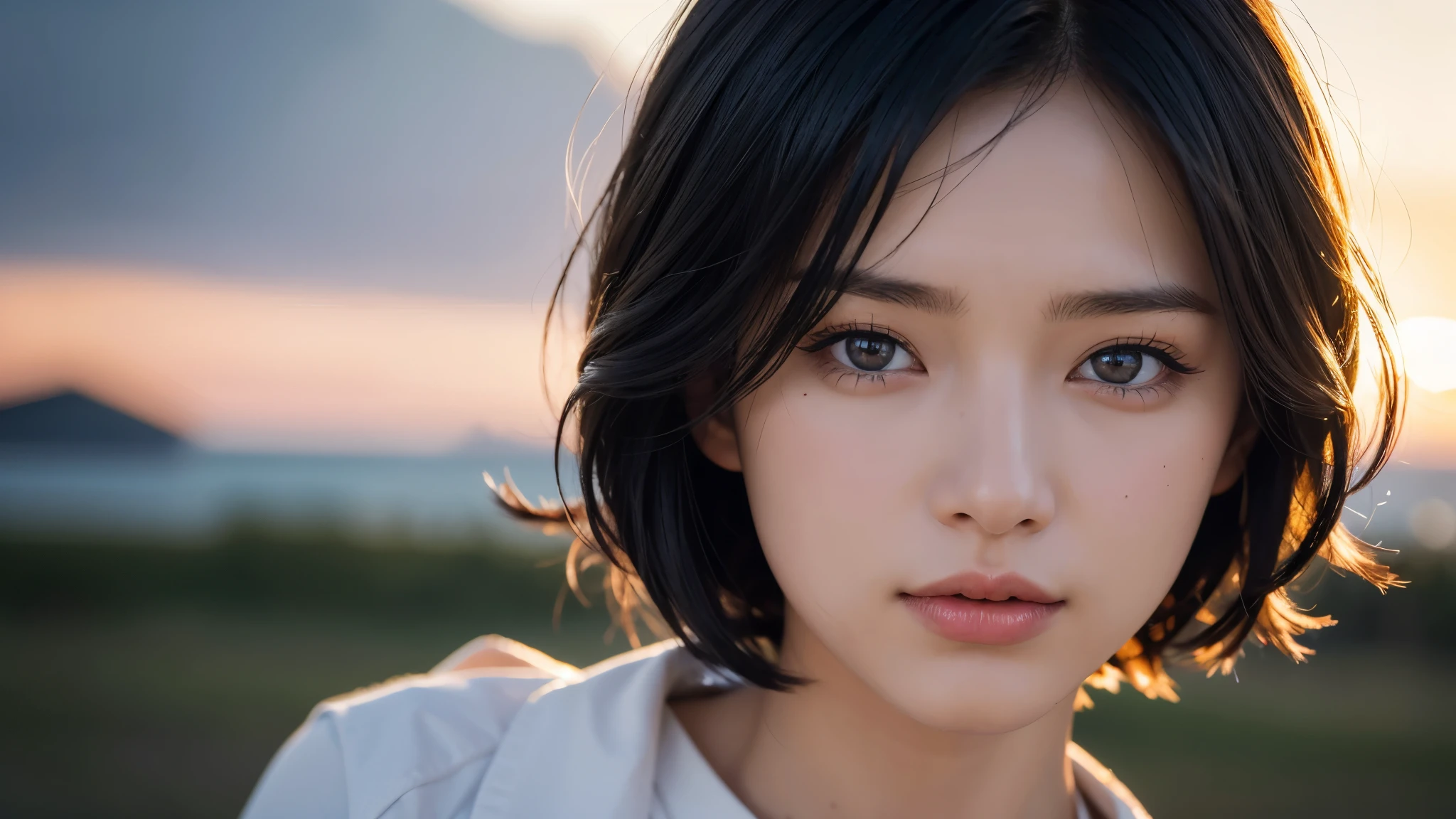 , blown by the long wind [Blue-black:.3] hair,looking at the viewer, (masterpiece:1.3), (8K, realistic, Raw photo, highest quality: 1.4), Japanese, (1 girl), beautiful face, (realistic face), (black hair, short hair:1.3), beautiful hairstyle, realistic eyes, detailed and beautiful eyes, (realistic skin), beautiful skin, Charm, ultra high resolution, surreal, very detailed, golden ratio,