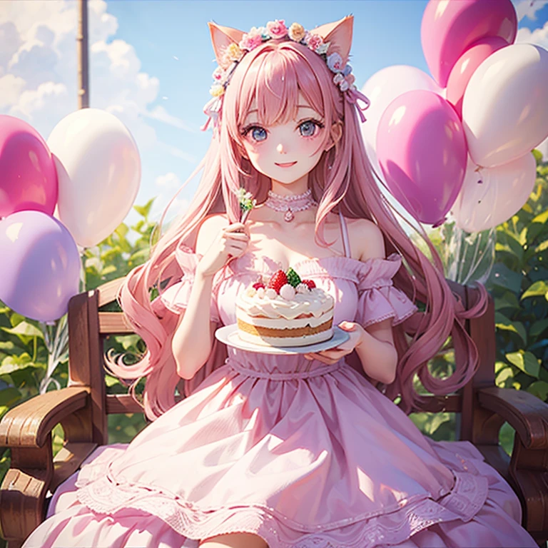 Cat with pink ribbon、Pink Hair、Pink Eyes、White clothes、smile、Happy、celebration、birthday、Strawberry Chocolate Cake、Balloons flying in the background,masterpiece, highest quality, Girly style, delicate accessories, Young and beautiful girl, Super detailed, Official Art, unity 8k wallpaper