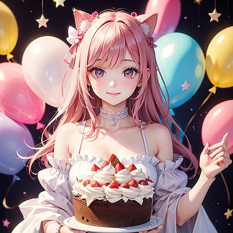 Cat with pink ribbon、Pink Hair、Pink Eyes、White clothes、smile、Happy、celebration、birthday、Strawberry Chocolate Cake、Balloons flying in the background,masterpiece, highest quality, Girly style, delicate accessories, Young and beautiful girl, Super detailed, Official Art, unity 8k wallpaper