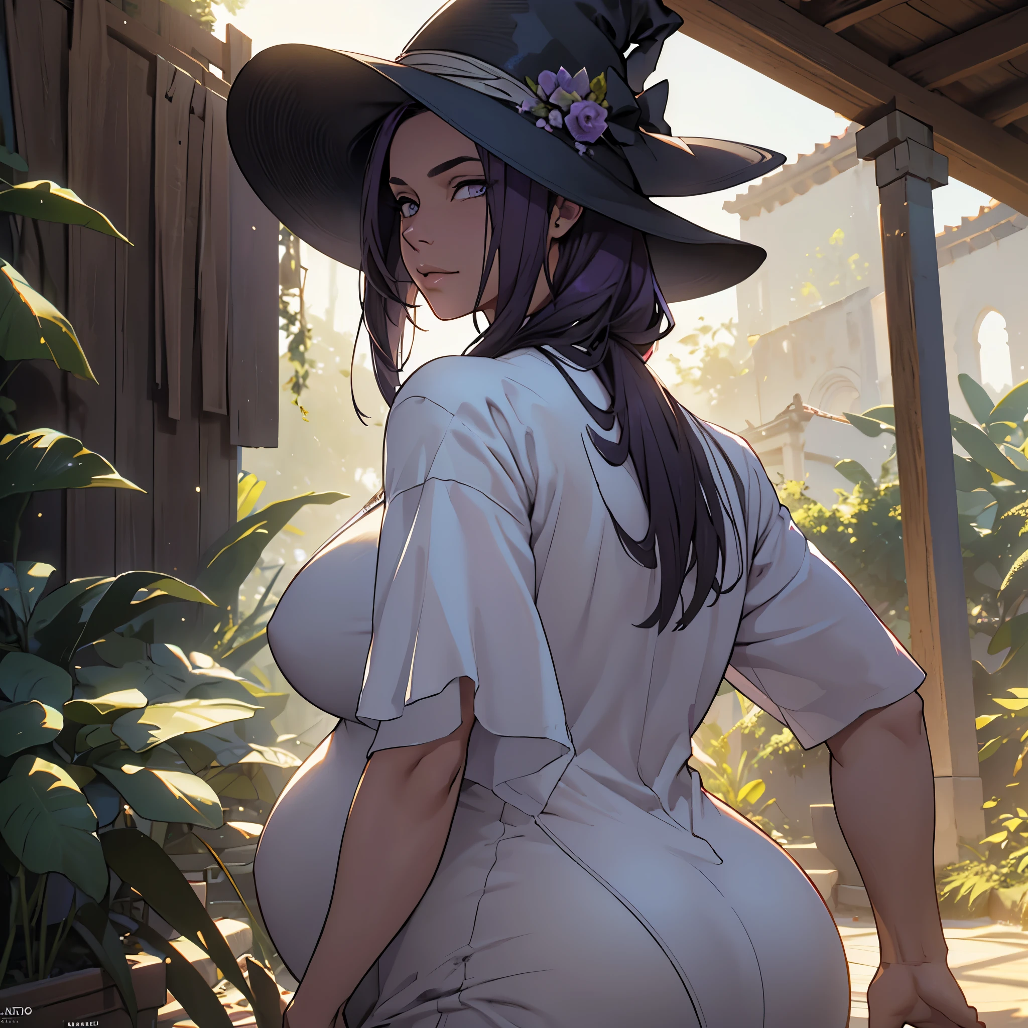 1 older nude pregnant woman in her 30s with long purple hair and tall curvy busty body, back view, seios grandes, bunda, (obra de arte, Melhor qualidade:1.2) , big witch hat, solo (necropolis: 1.1), (science fiction scenario) (rosto detalhado), (curved), roupaspretass, olhos detalhados, Chromatic aberration, profundidade de campo, soft lighting, obra de arte, Melhor qualidade, intrincado, (Lens reflection: 0.7), (flowering: 0.7), particle effects, rastreamento de raio, Mapeamento de tons, altamente detalhado, arte conceitual, suave, sharp focus, dramatic lighting, altamente detalhado art, cinematic, hyper-realista painting, trends on Artstation, 8k, amazing shadows, realista, (altamente detalhado background: 1.2), arte no meio da viagem