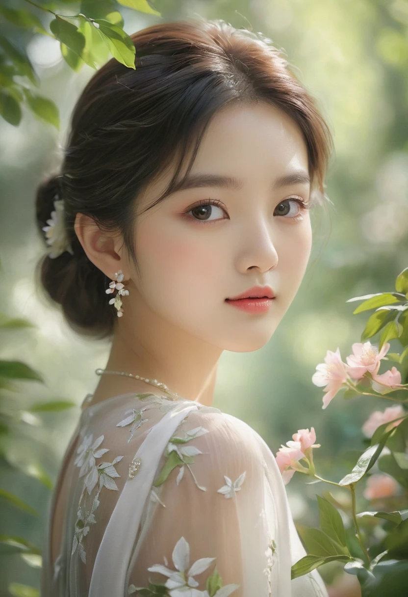 (best quality,4k,8k,highres,masterpiece:1.2),ultra-detailed,(realistic,photorealistic,photo-realistic:1.37),rosy zhao,beautiful detailed eyes,beautiful detailed lips,extremely detailed eyes and face,longeyelashes,one girl,fashionable stylish attire,confident expression,natural light,dreamy atmosphere,soft pastel colors,sumptuous garden background,lush green foliage,colourful flowers blooming,light streaming through the trees,peaceful and serene mood,subtle hints of sunlight filtering through the leaves,delicate shadows,ethereal and elegant posture,slightly tilted head,artistic composition,high contrast,subtle depth of field,impeccable skin texture,captivating presence,creative portrait,romantic ambiance,graceful movement,sophisticated style,seamlessly blended elements,impressive attention to detail,sensitive and graceful artistic interpretation,exquisite and refined visual appeal