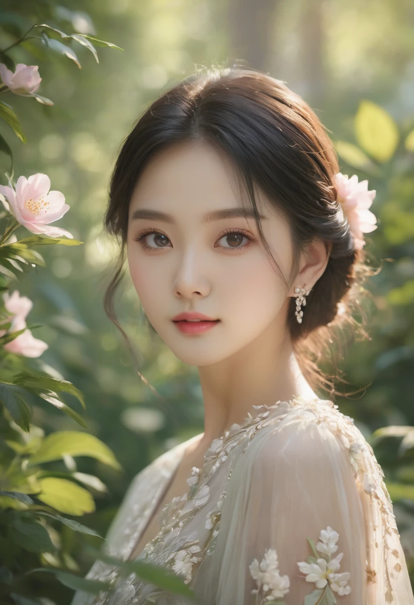 (best quality,4k,8k,highres,masterpiece:1.2),ultra-detailed,(realistic,photorealistic,photo-realistic:1.37),rosy zhao,beautiful detailed eyes,beautiful detailed lips,extremely detailed eyes and face,longeyelashes,one girl,fashionable stylish attire,confident expression,natural light,dreamy atmosphere,soft pastel colors,sumptuous garden background,lush green foliage,colourful flowers blooming,light streaming through the trees,peaceful and serene mood,subtle hints of sunlight filtering through the leaves,delicate shadows,ethereal and elegant posture,slightly tilted head,artistic composition,high contrast,subtle depth of field,impeccable skin texture,captivating presence,creative portrait,romantic ambiance,graceful movement,sophisticated style,seamlessly blended elements,impressive attention to detail,sensitive and graceful artistic interpretation,exquisite and refined visual appeal