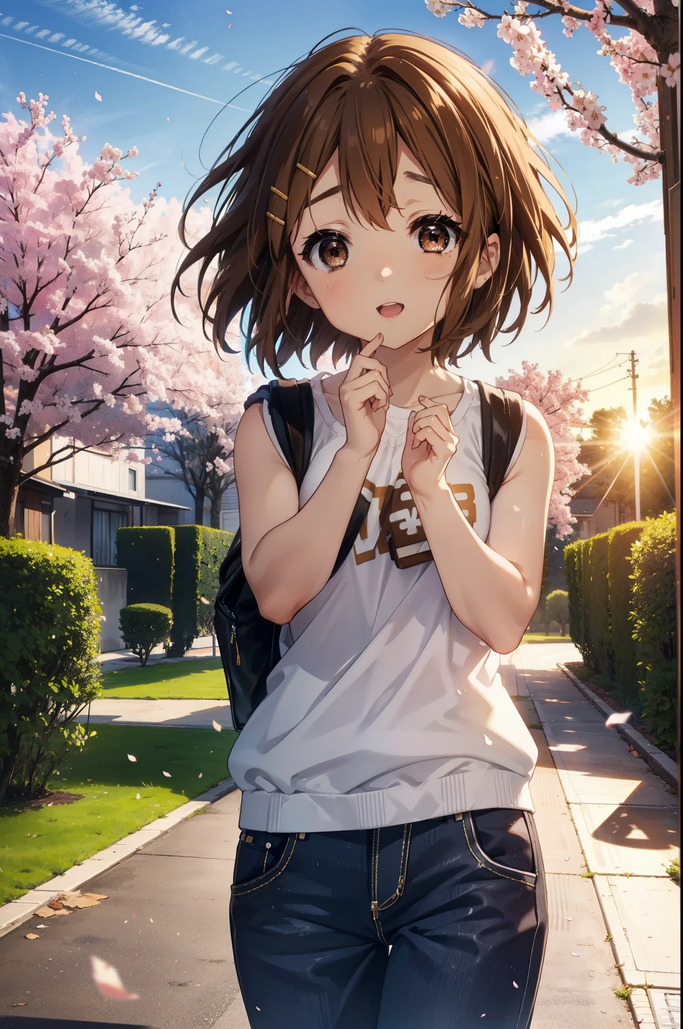 yuihirasawa, Yui Hirasawa, short hair, brown hair, hair ornaments, (Brown eyes:1.5), happy smile, smile, Open your mouth,Hair Clip,Oversized vest　The front is open,Tank top shirt,skinny pants,Stiletto heels,Cherry blossoms are blooming,Cherry blossoms are scattered,Cherry blossom tree-lined path,evening,sunset,The sun is setting,
break outdoors,School　School building,
break looking at viewer, (Cowboy Shot:1.5),
break (masterpiece:1.2), highest quality, High resolution, unity 8k wallpaper, (figure:0.8), (Beautiful fine details:1.6), Highly detailed face, Perfect lighting, Highly detailed CG, (Perfect hands, Perfect Anatomy),