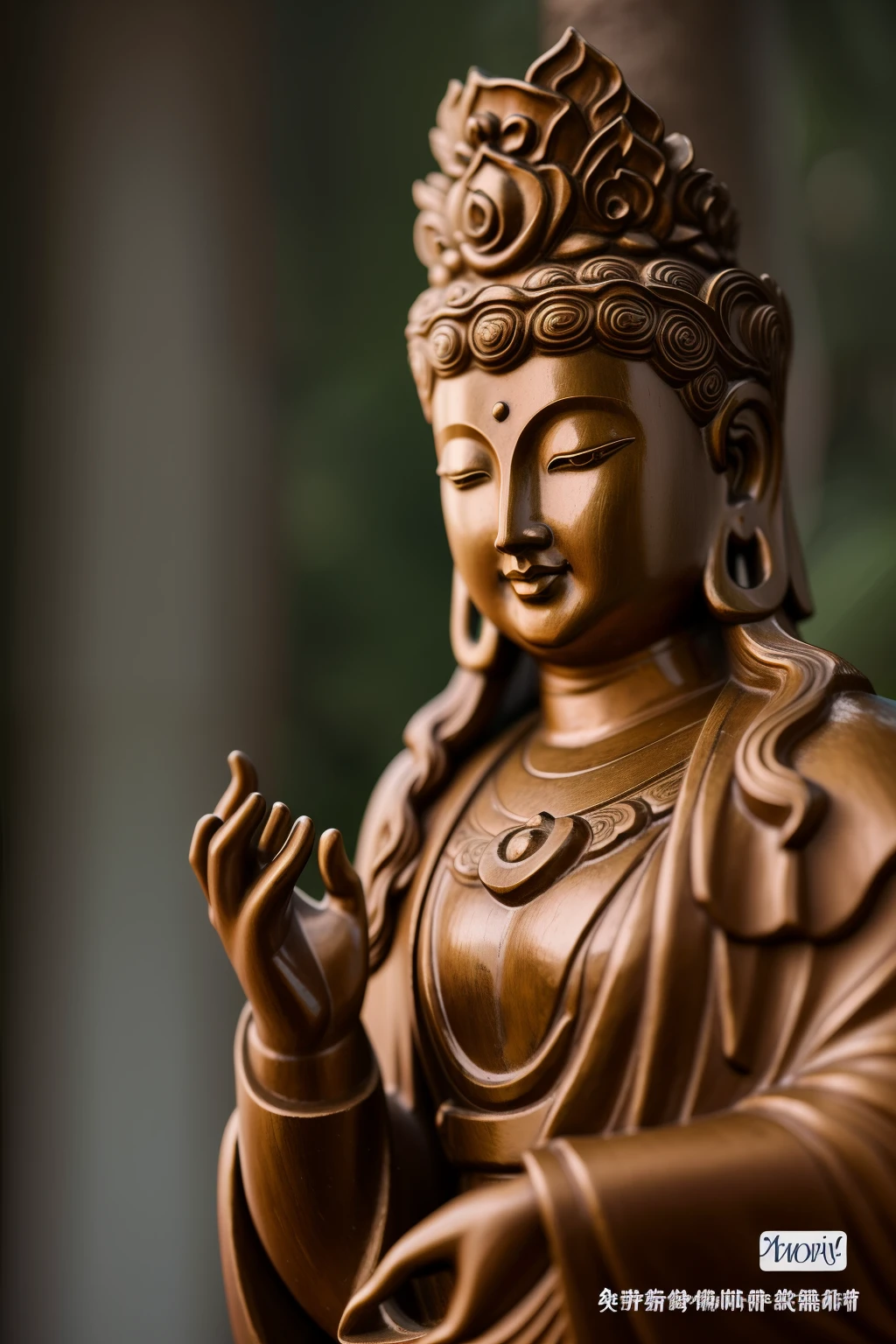 Close up of a statue of a woman in the forest, Guan yin, Guan yin of the southern seas, contented female Buddha, Buddha, Inspired by Dongyang Sesshu, Charming male god, Chinese Goddess, 