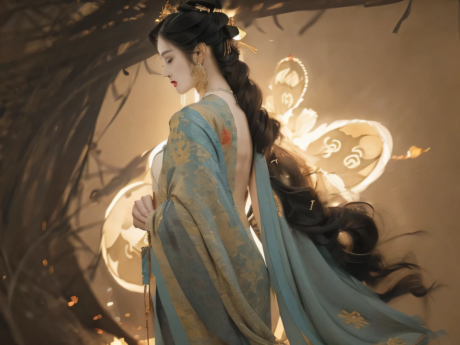 (goddess-like happiness:1.2), Chinese style, idol, skinny, floating hairs, (RAW photo:1.2), (photorealistic:1.4), (masterpiece:1.3), (intricate details:1.2), A stunning supermodel struts down the catwalk with confidence and poise. graceful movements captivate the audience's attention. evening gown that accentuates her curves and enhances her beauty. As she reaches the end of the runway, she pauses and strikes a pose, showcasing her outfit from every angle.