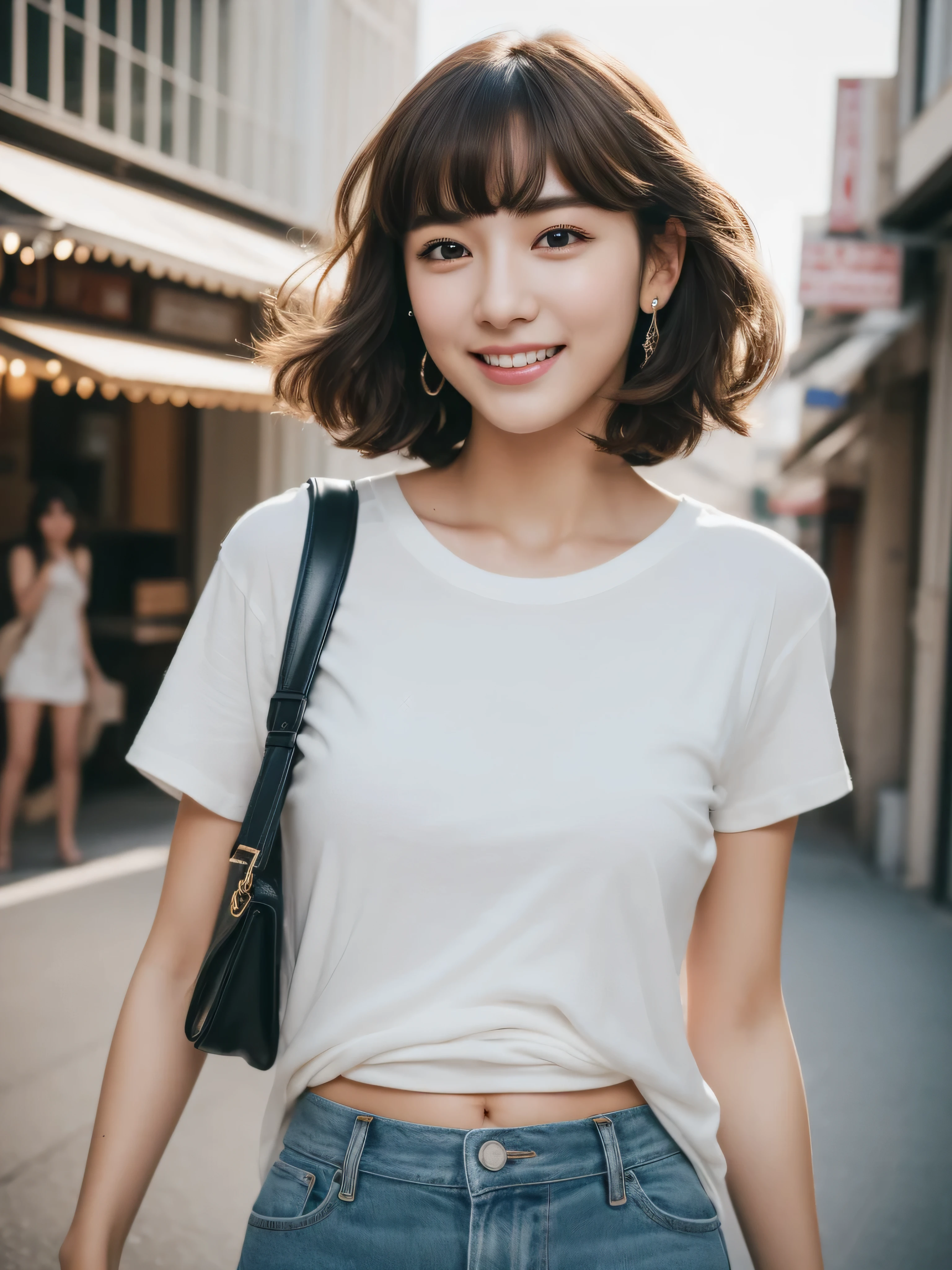 (8k, RAW photos, top quality, masterpiece: 1.2), ultra detailed, super resolution, (real, real photos: 1.37), portraits, high definition RAW color photos, professional photos, very detailed and beautiful, highly detailed, 8k wallpapers, amazing details, huge file size, official art, highly detailed CG Unity 8k wallpapers, highly detailed beautiful girls, highly detailed facesHighly detailed eyes, highly detailed skin, highly detailed fingers, Highly detailed nose, Highly detailed detailed mouth, Perfect anatomy, Highly detailed background, Highly detailed clothing, One Girl, (18:1.2), teen, cute girl, famous Japan idol, cute, realistic body, , white skin, radiant skin, slim body, handsome body, brown hair, short constricted curly hair, (blunt bangs:1.2), Smile, Cute, Youthful, Pretty Face, Realistic Face, Delicate Eyes, Saggy Eyes, White T-Shirt, Skirt, Earrings, Camera Gaze, Cowboy Shot, Front Face, Standing Figure, Contrappost, High Street, Public, Dynamic Lighting,