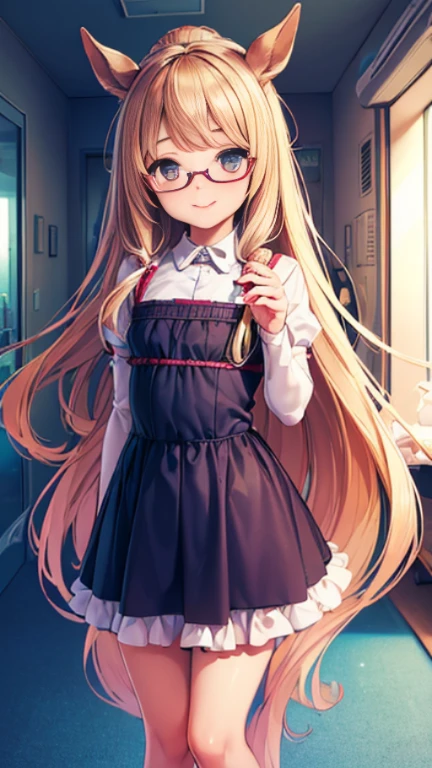 ((masterpiece)),((highest quality)),((Anatomical)),((Realistic)),((Detailed Description)),((cute)),((((Health Room)))),(((One Horse Girl))),(((Beautiful eyes))),(((Baby Face))),(((Petite))),((Bewitching Smile)),(((Victory server))),(((Glasses))),Full body view,