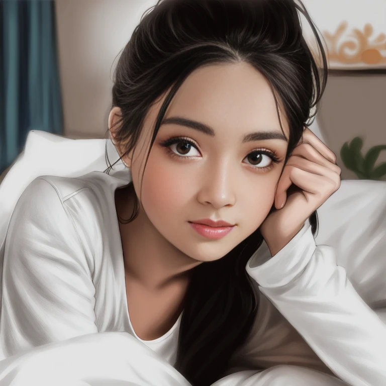 there is a woman laying on a bed with her head on her hand, realistic cute girl painting, kawaii realistic portrait young and cute girl, young cute face, realistic lineart artstyle, black and white