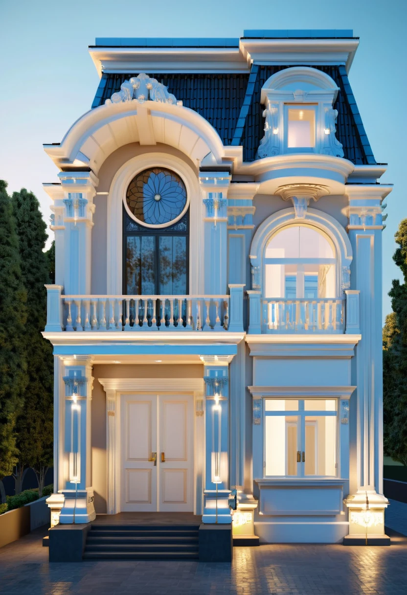 RAW photo, masterpiece, house with a car parked in front of it, neo - classical style, rendered in lumion pro, classicism style, classicism artstyle, lumion render, rendered in lumion, architectural visualization, neoclassical style, in style of classicism, white light sun, rendered in vray, rendered in v-ray, rendered in unreal engine 3d, (photorealistic:1.2), best quality, ultra high res, exterior, architechture,modern house,(white wall:1.4), (detail gate black:1.4), (photorealistic:1.4), best quality, ultra high res, exterior,architechture,neoclassic house,(white wall:1.2), (detailed reliefs:1.2), (The front 1st floor has 4 windows), (the right side 1st floor has 4 windows), (the main side has three-step stairs), (the right side has three-step stairs) ,glass windows,,trees,traffic road, blue sky,in the style of realistic hyper-detailed rendering, luxury neoclassical villa, in the style of neoclassical scene, glass windows, (white navy roof:1.2), best quality, (straight strokedetail:1.1) roof top, (Intricate lines:1.4), ((Photorealism:1.4)),(((hyper detail:1.4))), archdaily, award winning design, (dynamic light:1.3), (night light:1.2), (perfect light:1.3), (shimering light :1.4), refection glass windows, (curved line architecture arch:1.2), trees, beautiful sky, photorealistic, FKAA, TXAA, RTX, SSAO, Post Processing, Post-Production, CGI, VFX, SFX, Full color,((Unreal Engine 5)), Canon EOS R5 Camera + Lens RF 45MP full-frame CMOS sensor, HDR, Realistic,8k,((Unreal Engine 5)), Cinematic intricate detail, extreme detail, science, hyper-detail, FKAA, super detail, super realistic, crazy detail, intricate detail, nice color grading, reflected light on glass, eye-catching wall lights, unreal engine 5, octane render, cinematic, trending on artstation, High-fidelity, Viwvid, Crisp, Sharp, Bright, Stunning, ((Lifelike)), Natural, ((Eye-catching)), Illuminating, Flawless, High-quality,Sharp edge rendering, medium soft lighting, photographic render, detailed archviz,3d styl