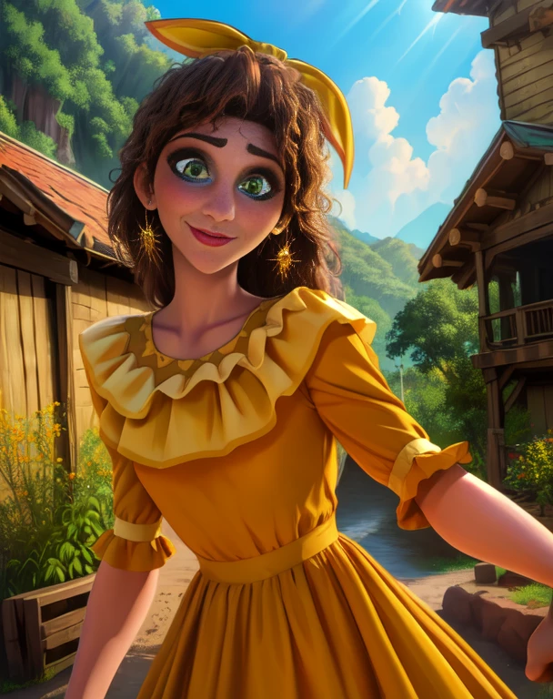 paper,green eyes,Brown hair,hair,
yellow dress,earrings,bow,
standing,upper body,cowboy shot,
village,Sun Ray,happy,
(insanely detailed, beautiful detailed face, masterpiece, Best quality), sexy, small breasts
