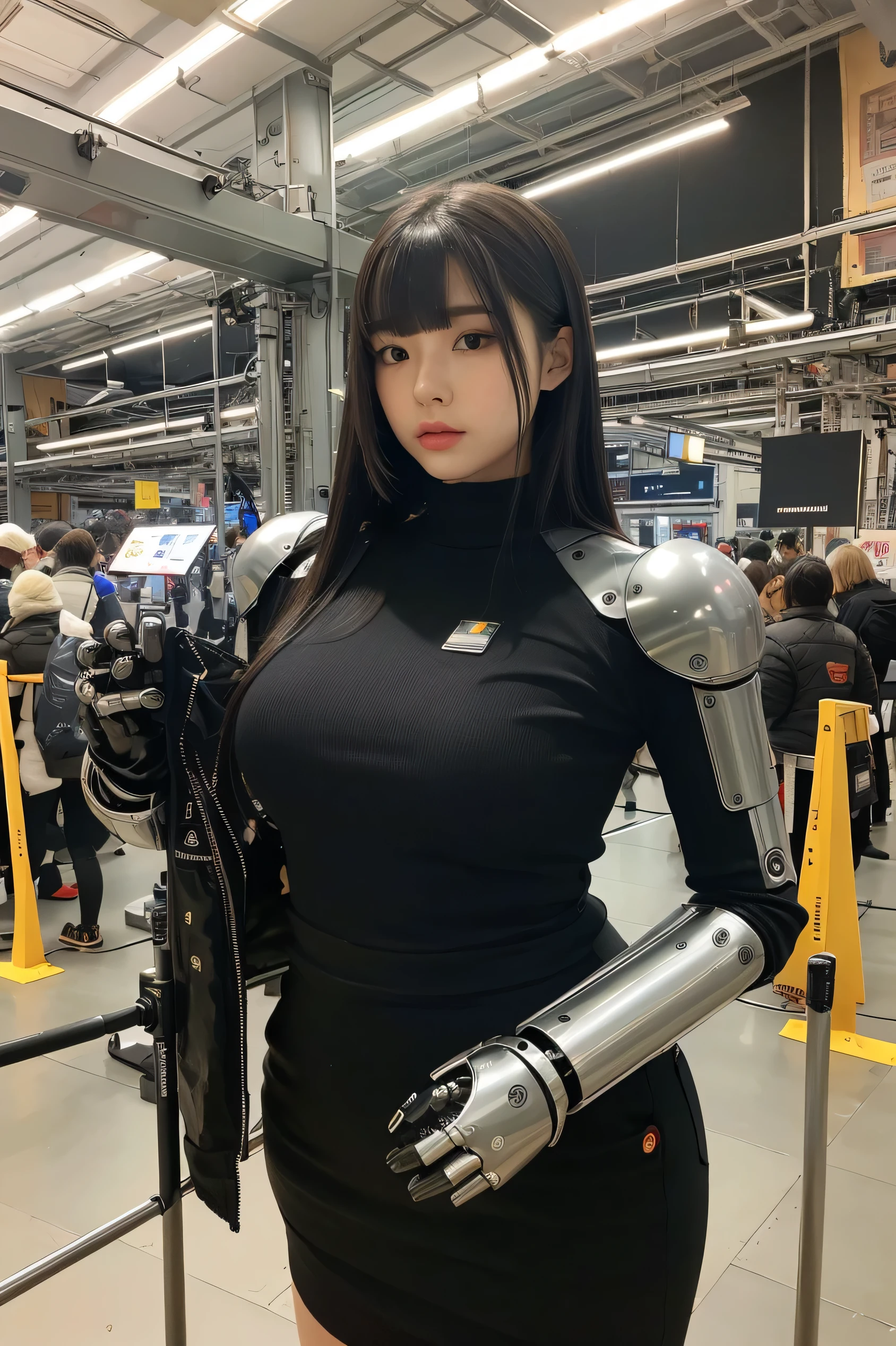 masterpiece, best quality, extremely detailed, Japaese android girl,portrait,Plump,a bit chubby,control panels,android,Droid,Mechanical Hand, Robot arms and legs, Black hair,Blunt bangs,perfect robot girl,long tube,thick cable connected her neck,android,robot,humanoid,cyborg,japanese cyborg girl ,robot-assembly plant,She is assembling now,assembly scene,camera eyes,chest monitor