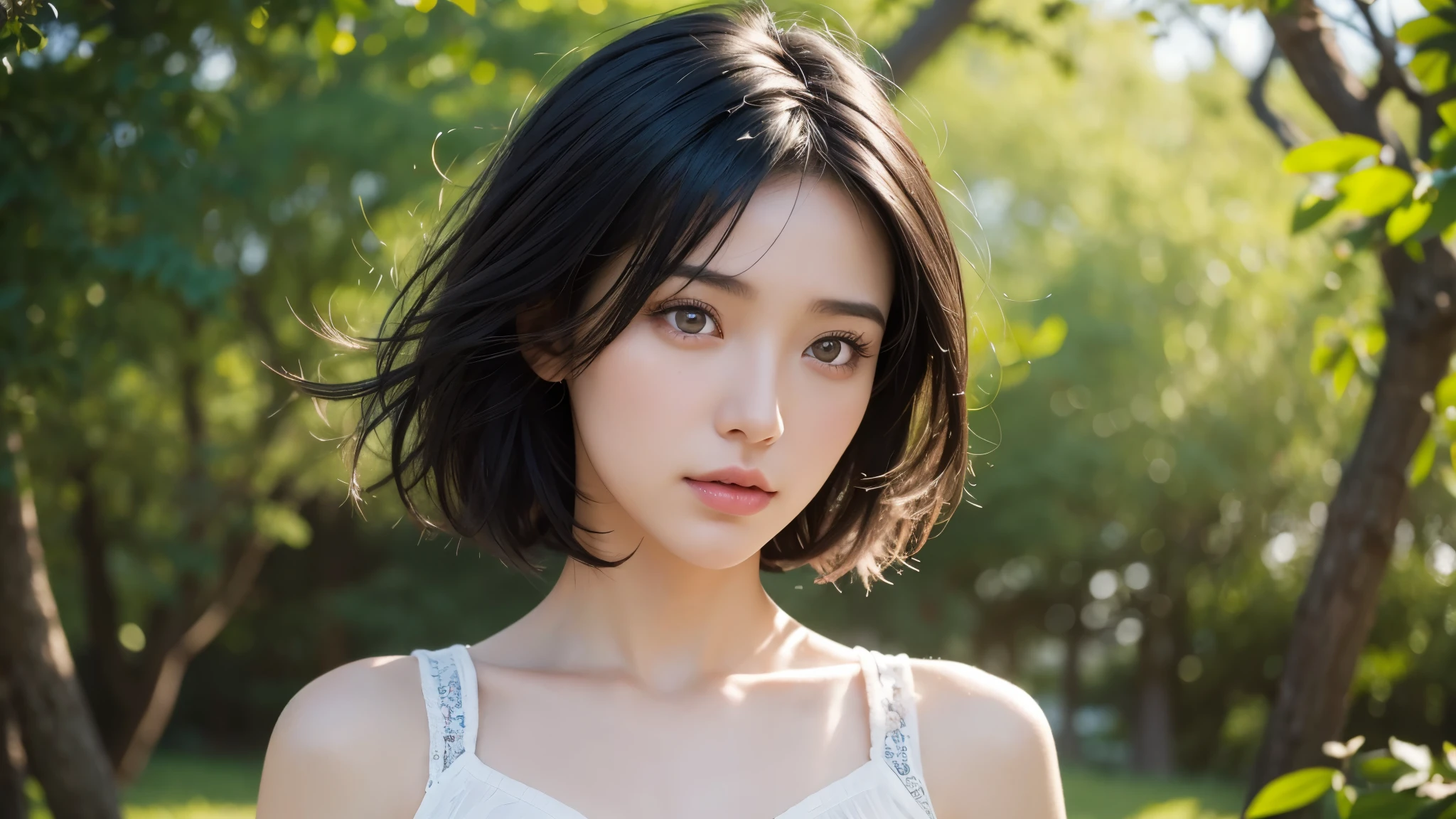 , blown by the long wind [Blue-black:.3] hair,looking at the viewer, (masterpiece:1.3), (8K, realistic, Raw photo, highest quality: 1.4), Japanese, (1 girl), beautiful face, (realistic face), (black hair, short hair:1.3), beautiful hairstyle, realistic eyes, detailed and beautiful eyes, (realistic skin), beautiful skin, Charm, ultra high resolution, surreal, very detailed, golden ratio,