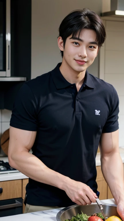1 man, smile, (Wear a navy polo shirt.: 1.3), round neck, short sleeve shirt), Camouflage pants ,, Korean guy , korean men, (High gloss details), chest muscles, Big arm muscles, blood vessel, big muscles, Broad shoulders, looking at the audience, Balancing the eyes, (Make eye contact),(in the kitchen: 1.4)