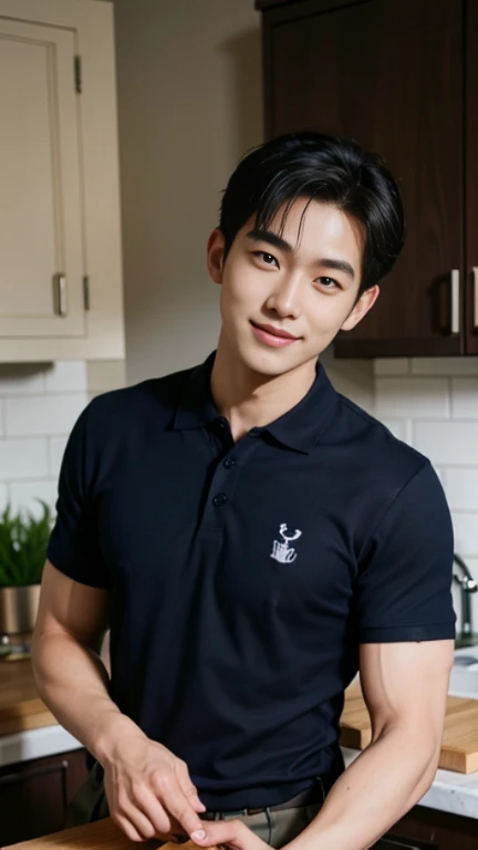 1 man, smile, (Wear a navy polo shirt.: 1.3), round neck, short sleeve shirt), Camouflage pants ,, Korean guy , korean men, (High gloss details), chest muscles, Big arm muscles, blood vessel, big muscles, Broad shoulders, looking at the audience, Balancing the eyes, (Make eye contact),(in the kitchen: 1.4)