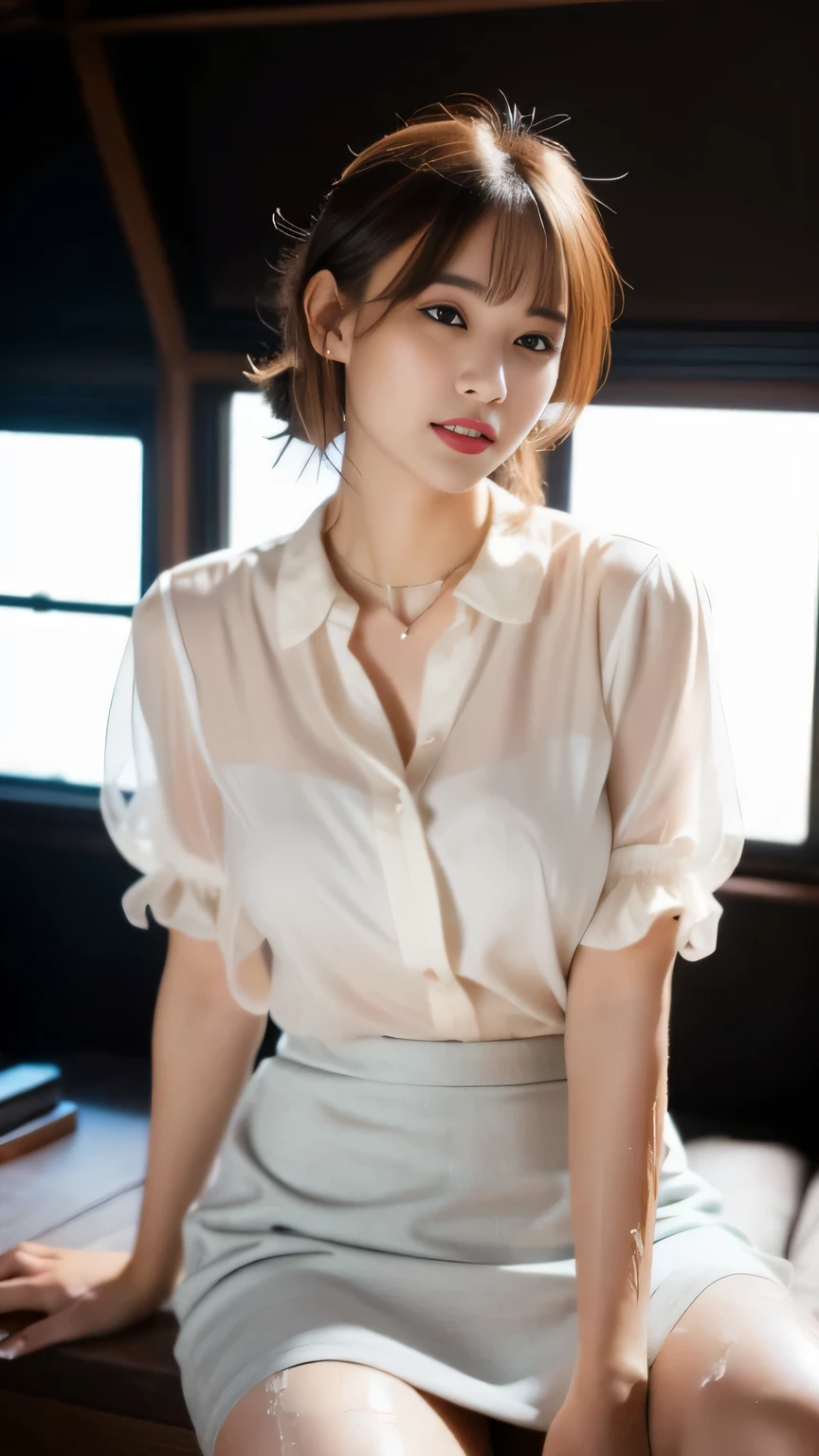 ((highest quality、8k、masterpiece: 1.3))、Perfect body beauty: 1.4、Slim Abs: 1.2、beautiful woman with slim abs:1.3、(Highlight Haircut、Breast A cup:1.2), Small breasts, Round shaped breasts, Perfectly shaped breasts, (((loose sheer shirt))), (good, ), Simple Necklace, Ultra detailed face、18-year-old、 Beautiful woman、(Dark brown shortcuts), Slim face、Highly detailed face and skin texture、Highly detailed lips、Spread your legs、highest quality、masterpiece、超A high resolution、(Photorealistic:1.4), I walked with confidence, Open your arms, Long Shot , (Outdoor), Light background, Sunset Light,

((News program studio, Open glass windows:1.2)),
((Beautiful female announcer,A light-colored milky blouse,Tight skirt:1.5)), 
((A gaze that seduces men, The blouse is wet:1.5)),
((Gorgeous Earrings, Silver Necklace)), 
((Bright lighting, Foliage plant:1.2)),

Ultra-detailed skin, Fair skin, Glossy Skin, Ultra detailed face, 
Slim face contour, Beautiful small face, Beautiful straight nose, 
Ultra-detailed eyes, Slit eyes, Brown eyes, double eyelid, Ultra-thin eyebrows, Thin, long eyelashes, 
Ultra-detailed lips, Plump and moisturized lips, glossy pink lips, Flushed Cheeks, ((White beautiful teeth)), 
Beautiful actress&#39;s ennui makeup, Pink lipstick, 
Dark Brown Hair, Delicate soft hair, Hair blowing in the wind, 
(Put your hair up, Medium Short Hair, ponytail:1.2), 
Layered Cut, (Blunt bangs:1.2), 
Cute smile, Mouth half open, A dreamy look, ((Staring at the viewer)), 
(((Photorealism,Shoot the whole body from the thighs:1.2))), ((The body is facing sideways)), 
Dynamic Lighting, 