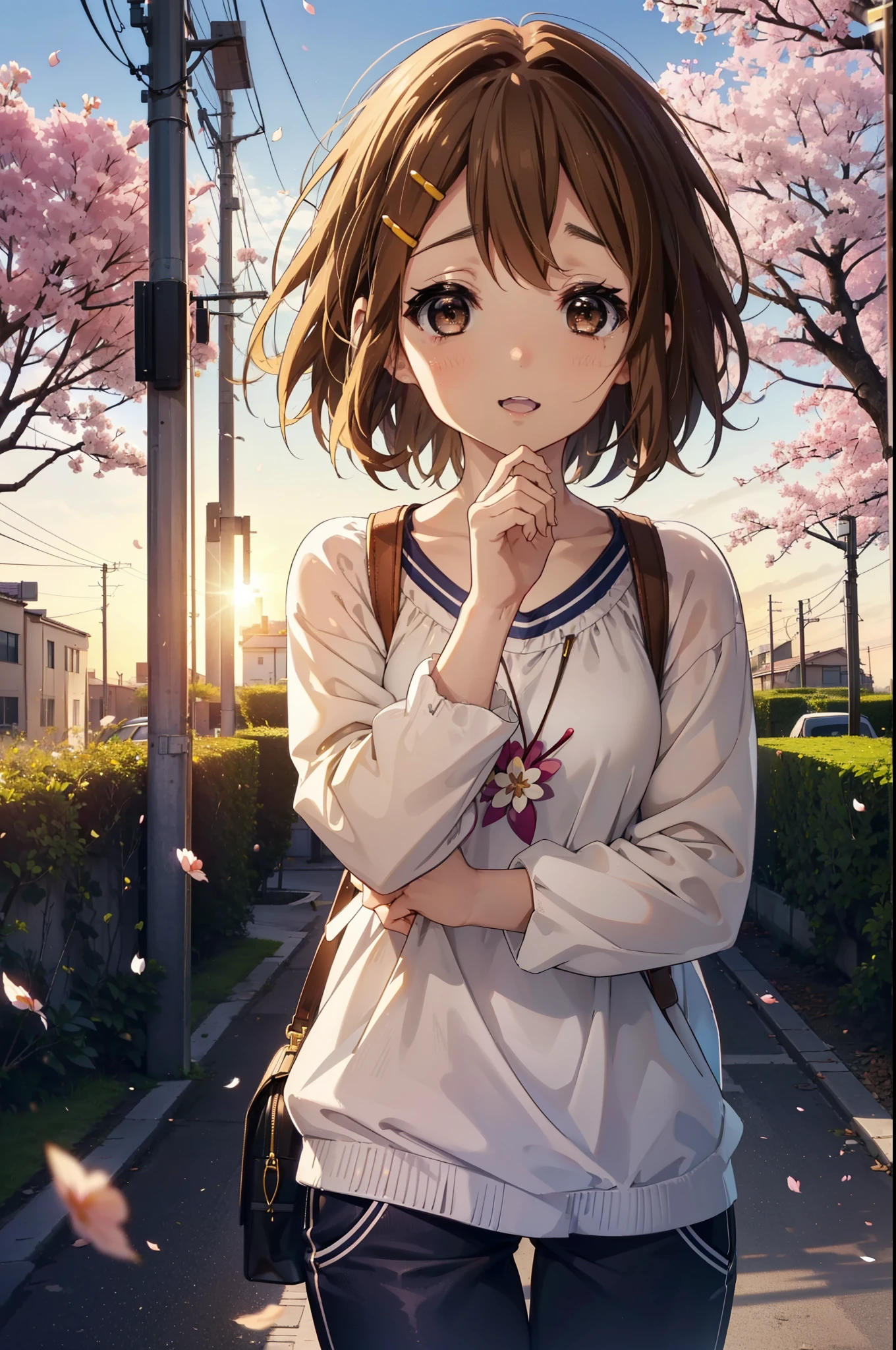 yuihirasawa, Yui Hirasawa, short hair, brown hair, hair ornaments, (Brown eyes:1.5), happy smile, smile, Open your mouth,Hair Clip,Tank top shirt,skinny pants,Stiletto heels,Cherry blossoms are blooming,Cherry blossoms are scattered,Cherry blossom tree-lined path,evening,sunset,The sun is setting,
break outdoors,School　School building,
break looking at viewer, (Cowboy Shot:1.5),
break (masterpiece:1.2), highest quality, High resolution, unity 8k wallpaper, (figure:0.8), (Beautiful fine details:1.6), Highly detailed face, Perfect lighting, Highly detailed CG, (Perfect hands, Perfect Anatomy),