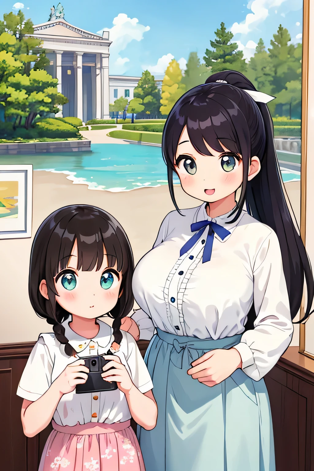 (highest quality:1.4)、(High resolution)、Detailed Background、(Beautiful face in every detail:1.4)、Anatomically correct、(Draw the usual number of fingers:1.2)、(Detailed facial expressions)、Beautiful, smooth skin、Girl in her twenties、(Huge breasts:1.2)、cute hair color、brown hair、Black Hair、ponytail、braided bob、Braided long hair、Realistic、Perfect body line、Calm atmosphere、Museum Dating、(Highly detailed face:1.4)、Cute gestures、(Show the upper body:1.2)、Looking at me with a big smile、Cowboy Shot、
(Two beautiful girls having a good time admiring art pieces in a museum:1.5)、
Show off your cute fashion with the museum's beautiful architecture and exhibits as a backdrop、
Take photos inside the museum and in the beautiful gardens、
Try to choose a pose and expression that harmonizes with the beautiful colors and design of the museum.、
Creates a feminine atmosphere、
Choose a blouse or dress with a retro print to bring out a classic charm.、
Incorporate retro silhouettes such as flared skirts and wide pants.、
Wear with loafers or heels for a more retro look.、cute