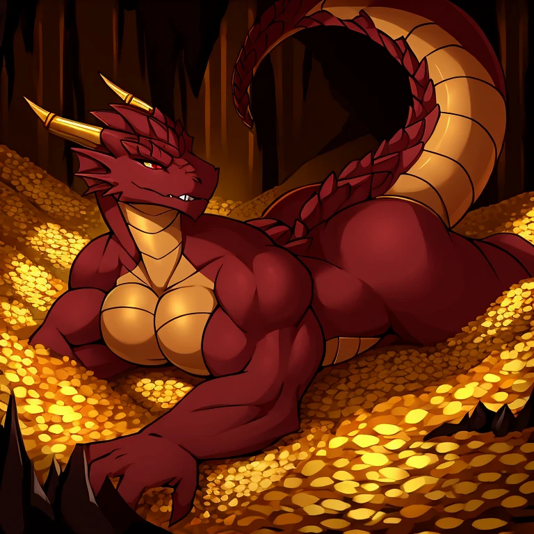 Solo female, large, fierce dragon, wearing golden jewelry, laying on treasure hoard, masturbating, dark cavern, maroon scales shimmering, intimidating, muscular