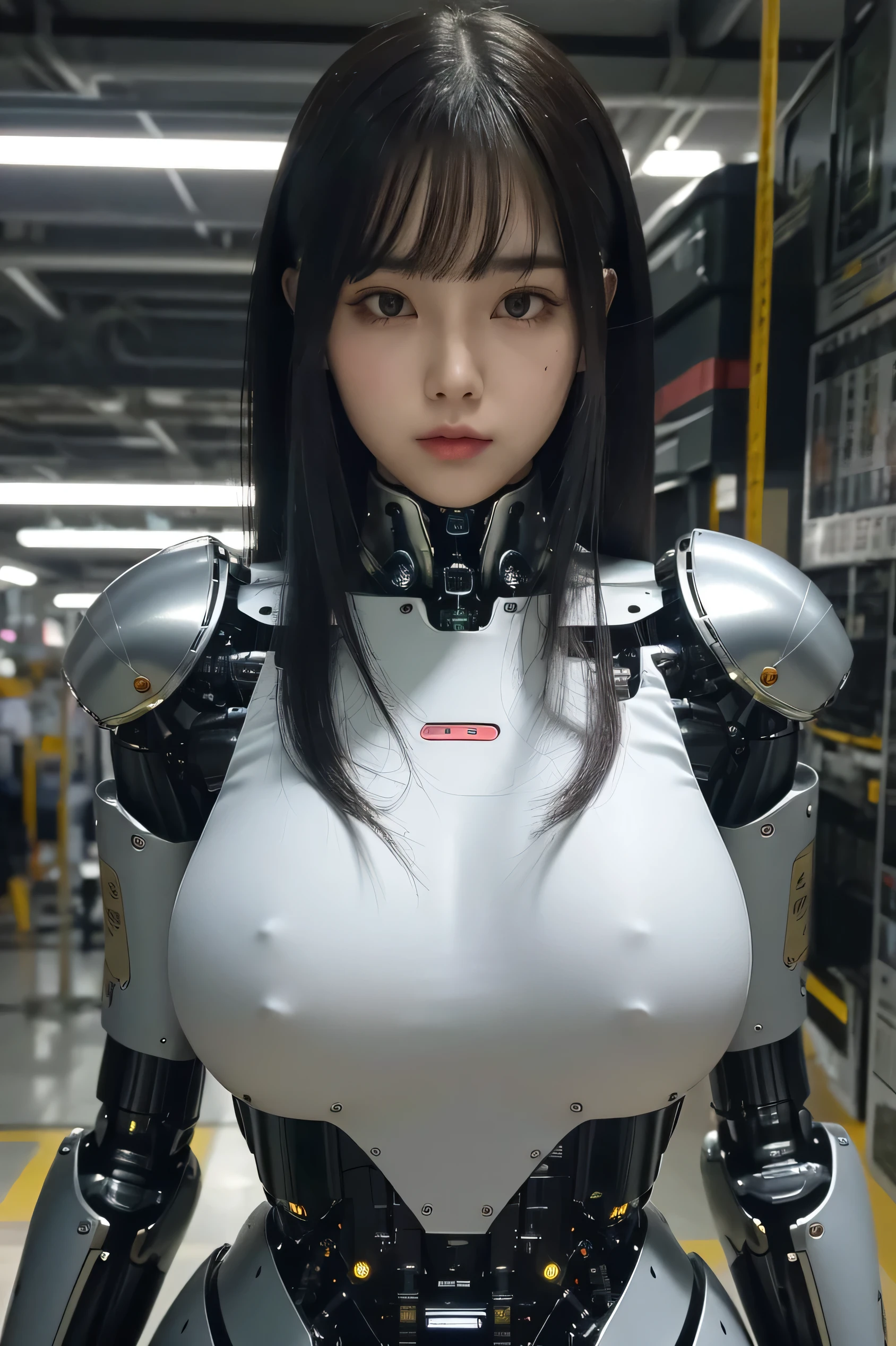 masterpiece, best quality, extremely detailed, Japaese android girl,portrait,Plump,a bit chubby,control panels,android,Droid,Mechanical Hand, Robot arms and legs, Black hair,Blunt bangs,perfect robot girl,long tube,thick cable connected her neck,android,robot,humanoid,cyborg,japanese cyborg girl ,robot-assembly plant,She is assembling now,assembly scene,camera eyes,chest monitor