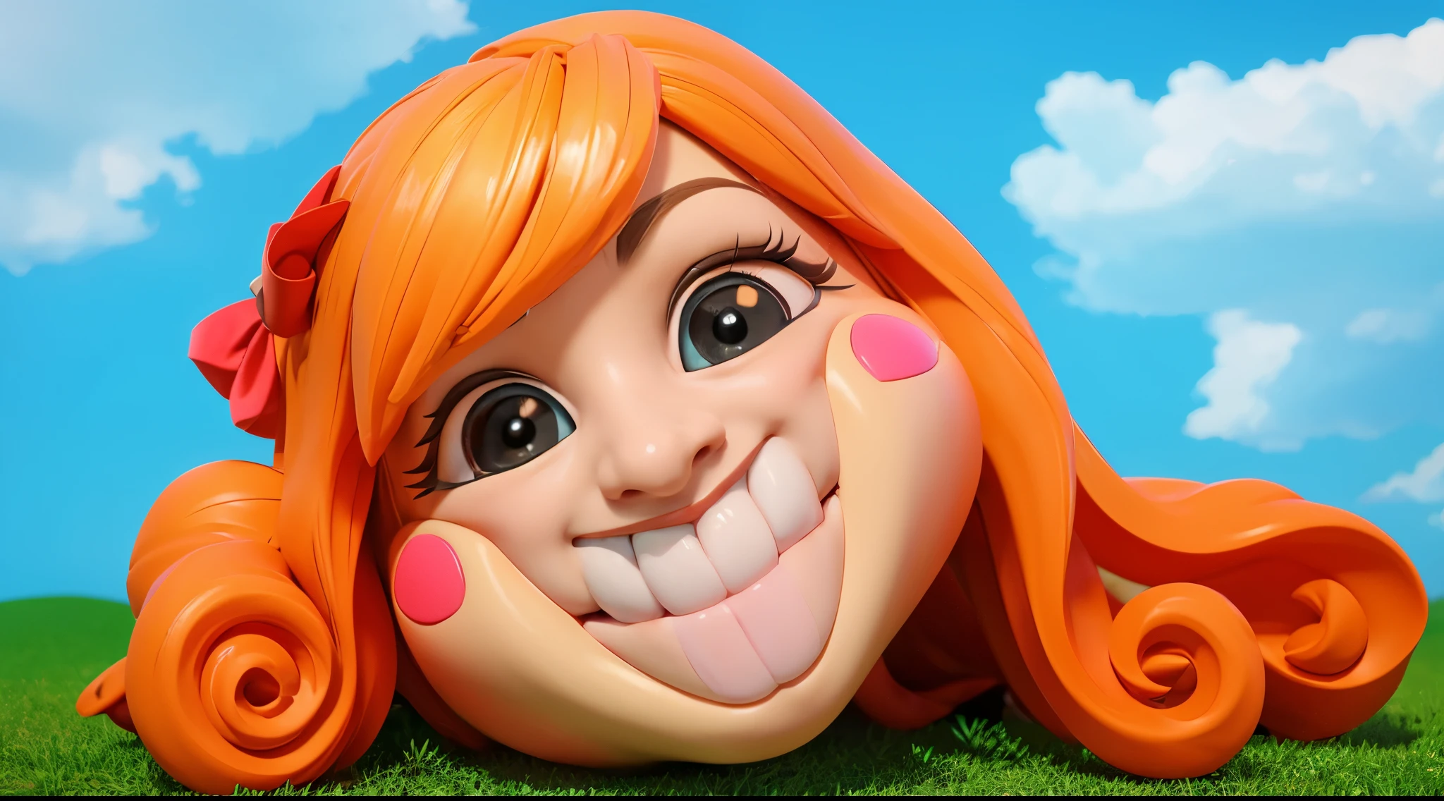 A cartoon girl with red hair and a big smile is lying on the grass with a blue sky in the background. The image depicts a 3D character of a girl dressed in multicolored jester attire. She has a large red bow on her head, and her eyes are wide with surprise. She has her mouth open and appears to be pointing to the left. The background is a solid blue.Stylized 3D, chewing body, stylized character, 3D character, 3rd character A blue character with a hat, a sad face, and a yellow bow tie is standing in front of a door. It has two golden loops around its body. there is a blue-orange daddy long legs in a hat and a yellow rope, iconic character with high detail, 3 d illustration, 3D illustration, stylized digital illustration, art of mobile games, in the elevator, Digital illustration -, Game illustration, mobile game background, 2d digital illustration, evil. Bright colors. Cute, blue daddy long legs toy, glossy texture, smooth 3d model, A character head, wearing a pink dress and a crown, 3D icon for mobile game, cartoon key frame rendering, Cute 3D рендеринг, Friendly cat, zbrush color rendering. perfect cgi, cgi art created only with gradients, smooth silhouette, high intensity refraction, (plastic material), most beautiful vfx, blue background, plastic refractions, pink mommy long legs toy, smooth 3d model, multiple light sources, rim light, sharp post effects render, (gplastic texture with multiple big light probe refractions), perfect cgi, cgi art created only with gradients, smooth silhouette, high intensity refraction, (plastic material), most beautiful vfx, blue background, plastic refractionsмультяшная Young woman в красной юбке и синей рубашке, Чаки style, animated character, dancing character, 3rd character render, April render, 3rd character art, 3rd character, 3D character, cartoon character, Young woman, 3D rendering of characters 8k, Tuni, 3D rendering stylized