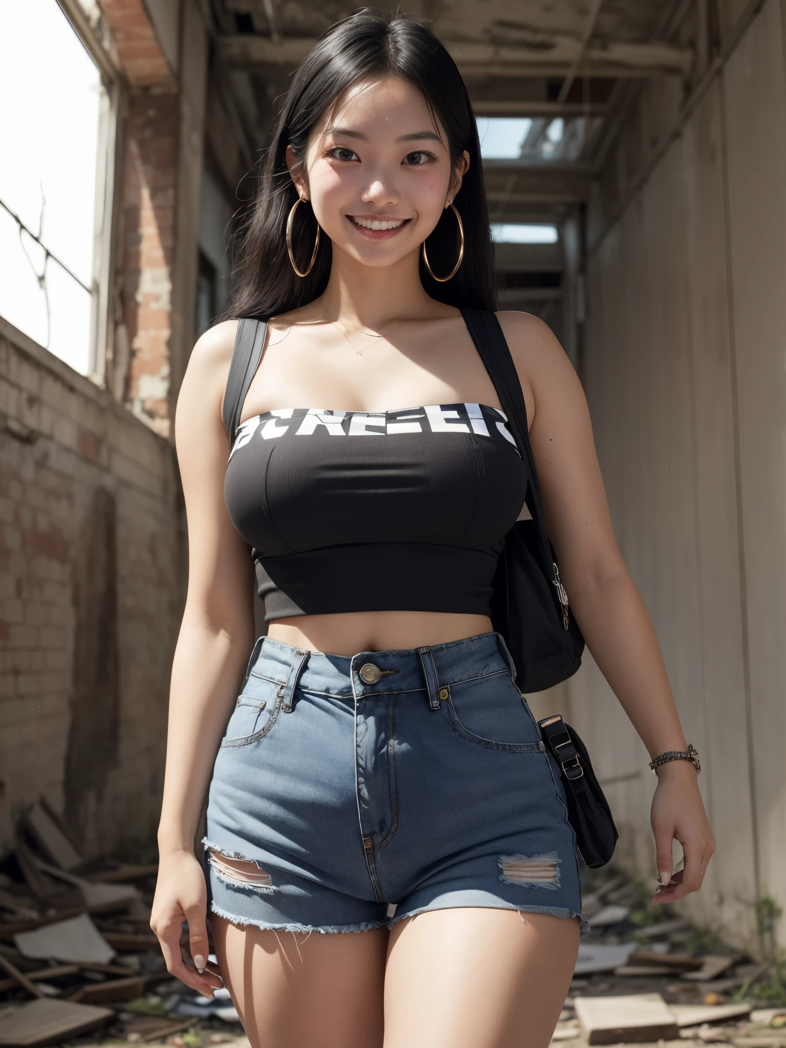 1girl, (20yo), (asian:hispanic), warm olive skin undertone, large breast, brown eyes, thick eyelashes, straigh long black hair, mischief smile, closed-mouth, crop top, high waisted worn short shorts jeans, backpack, scarf, hoop earring, inside abandoned building,