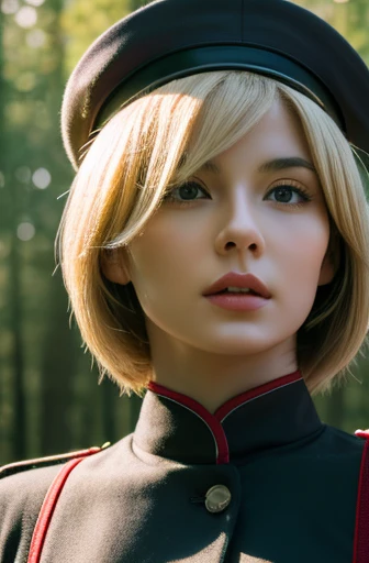 Beautiful young japanese pretty soldier woman, military hairstyle blonde hair, military hat, gloved hands, dark red uniform with black details, wears a pistol, belt with ammunition and transmitter, military boots, standing in a Polish forest, snowy day, red sky, 4k, Ultra detailed image, realistic, Highly detailed, perfect composition, splendid, Intricately detailed, incredibly detailed, Art photography 8K, hyper detailed, Masterpiece, Ultra detailed, hyper realistic, 4k, Ultra detailed image, realistic, Highly detailed , perfect composition, splendid, Intricately detailed, incredibly detailed, 8k fine art photography, hyper detailed, Masterpiece, super tits, exposed nipple, exposed breast, shirt lift, puffy nipple, big breast, huge tits, visible nipple, visible breast, nipple, breast, show off her breasts.